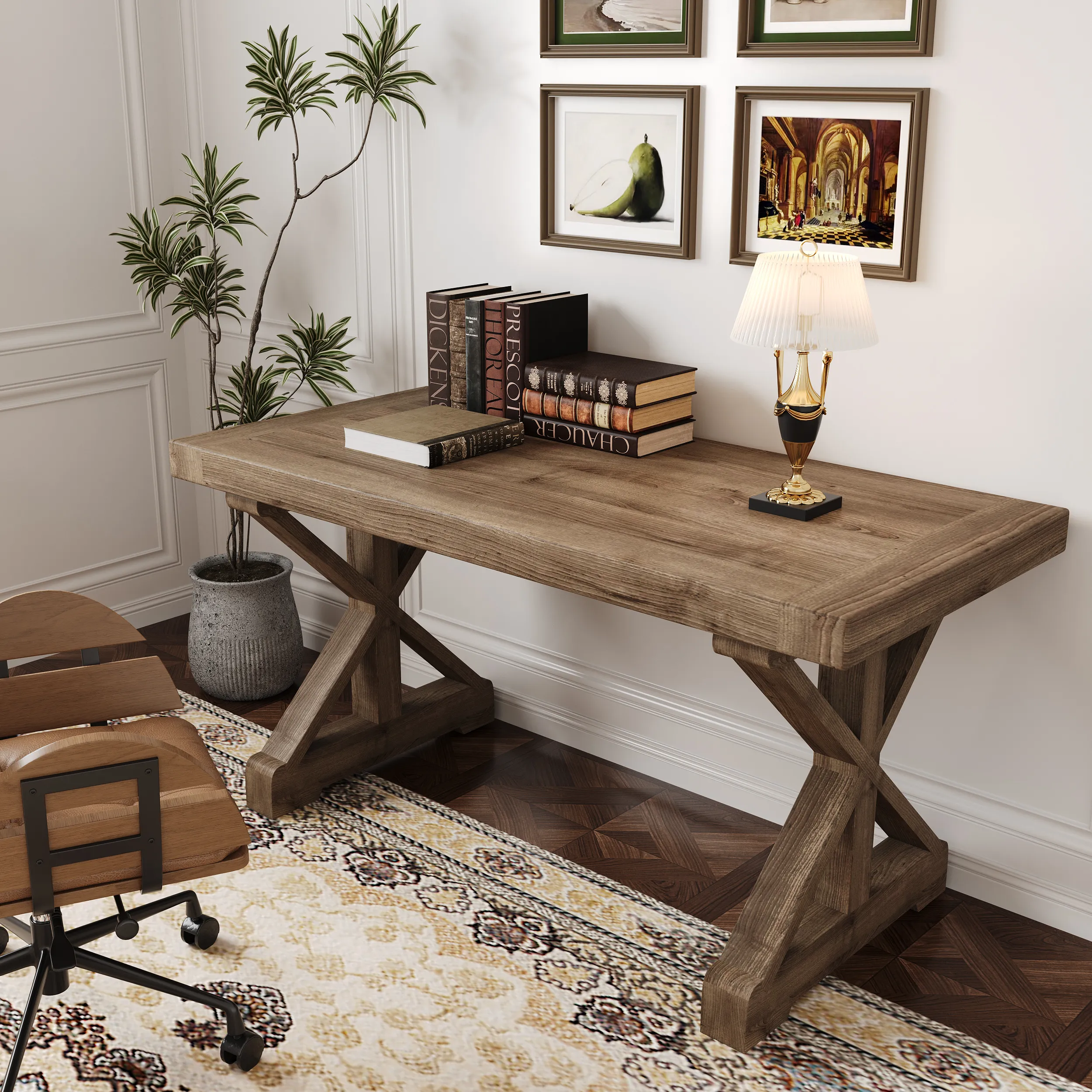 Pine Wood Writing Desk with Trestle Legs - Natural image