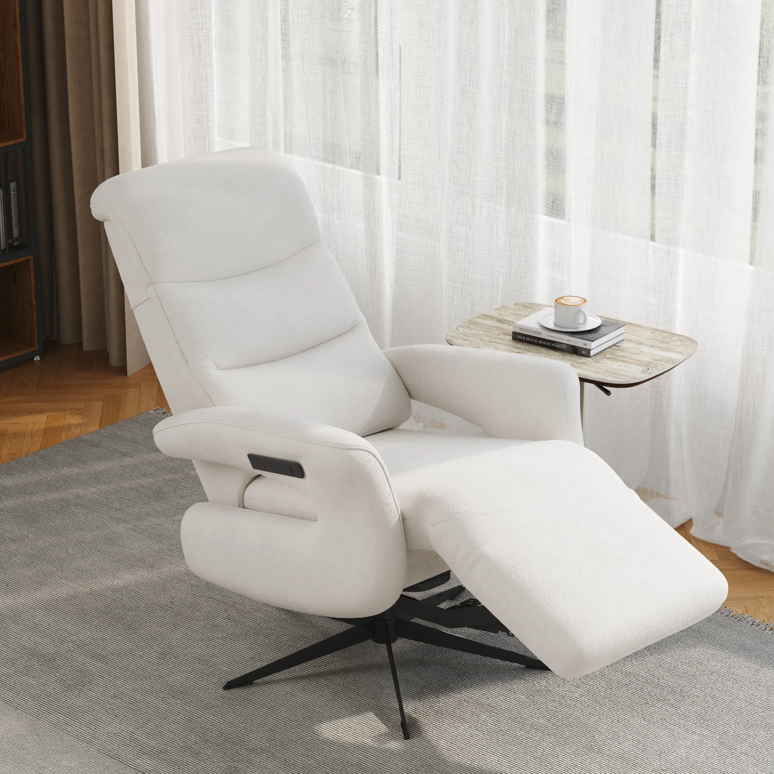 Power Recliner with 360° Swivel - White, Chenille Velvet