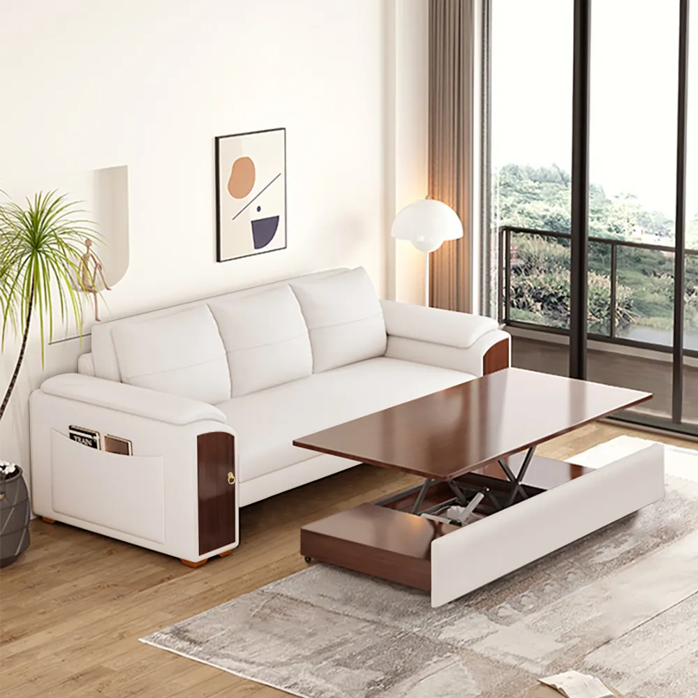 Pull Out Sofa Bed Convertible with Coffee Table - Faux Leather