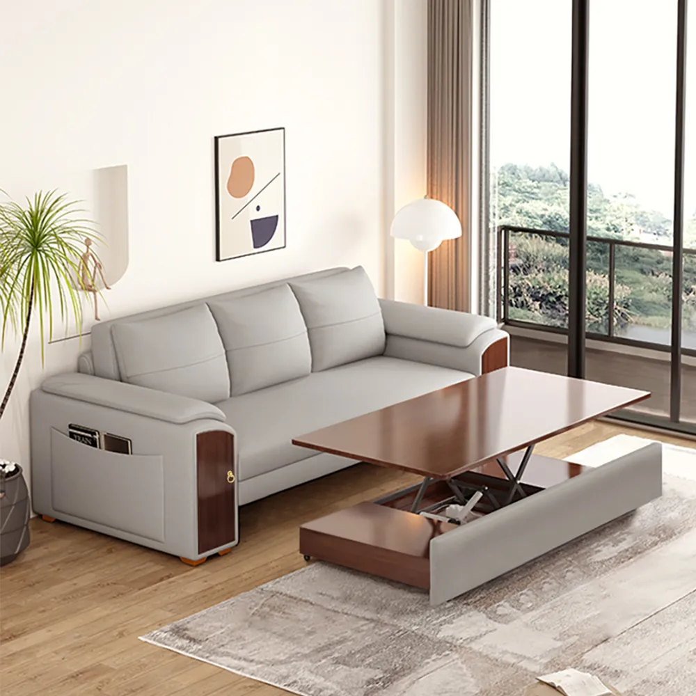 Pull Out Sofa Bed Convertible with Coffee Table - Gray, Leath-Aire