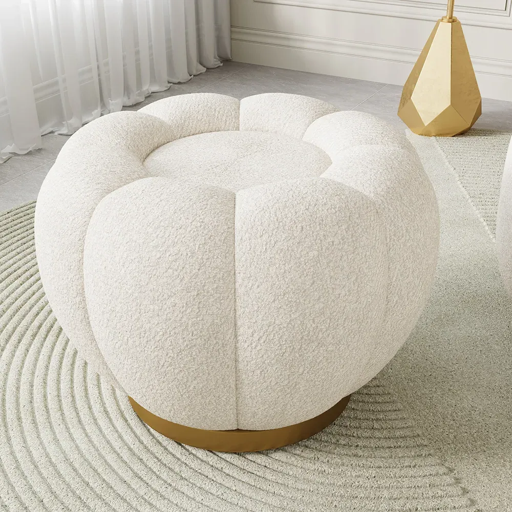 Pumpkin Round Ottoman Pouf - White, Boucle