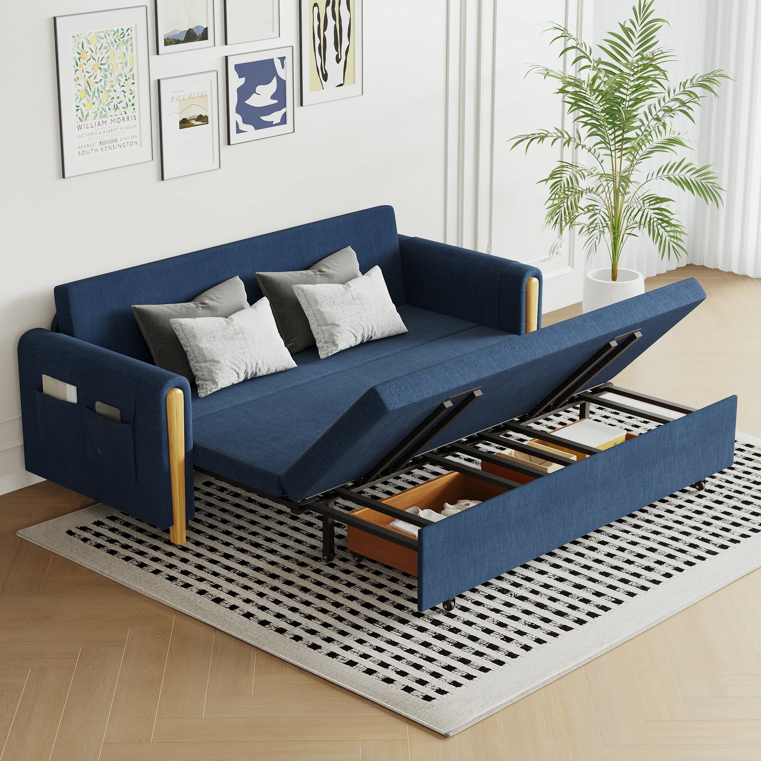 Queen 3-Seater Convertible Sleeper Sofa with Storage - Linen