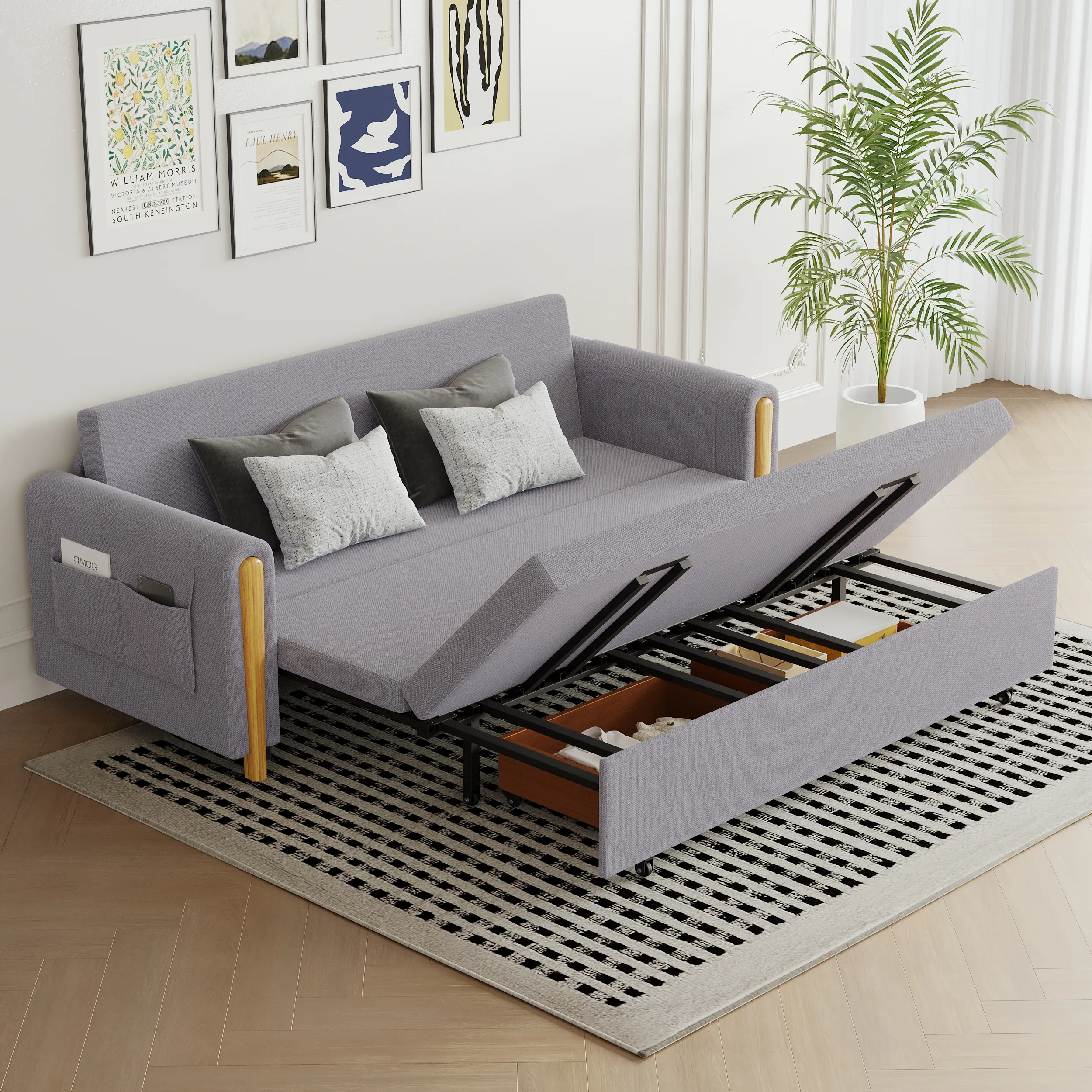 Queen 3-Seater Convertible Sleeper Sofa with Storage - Linen image