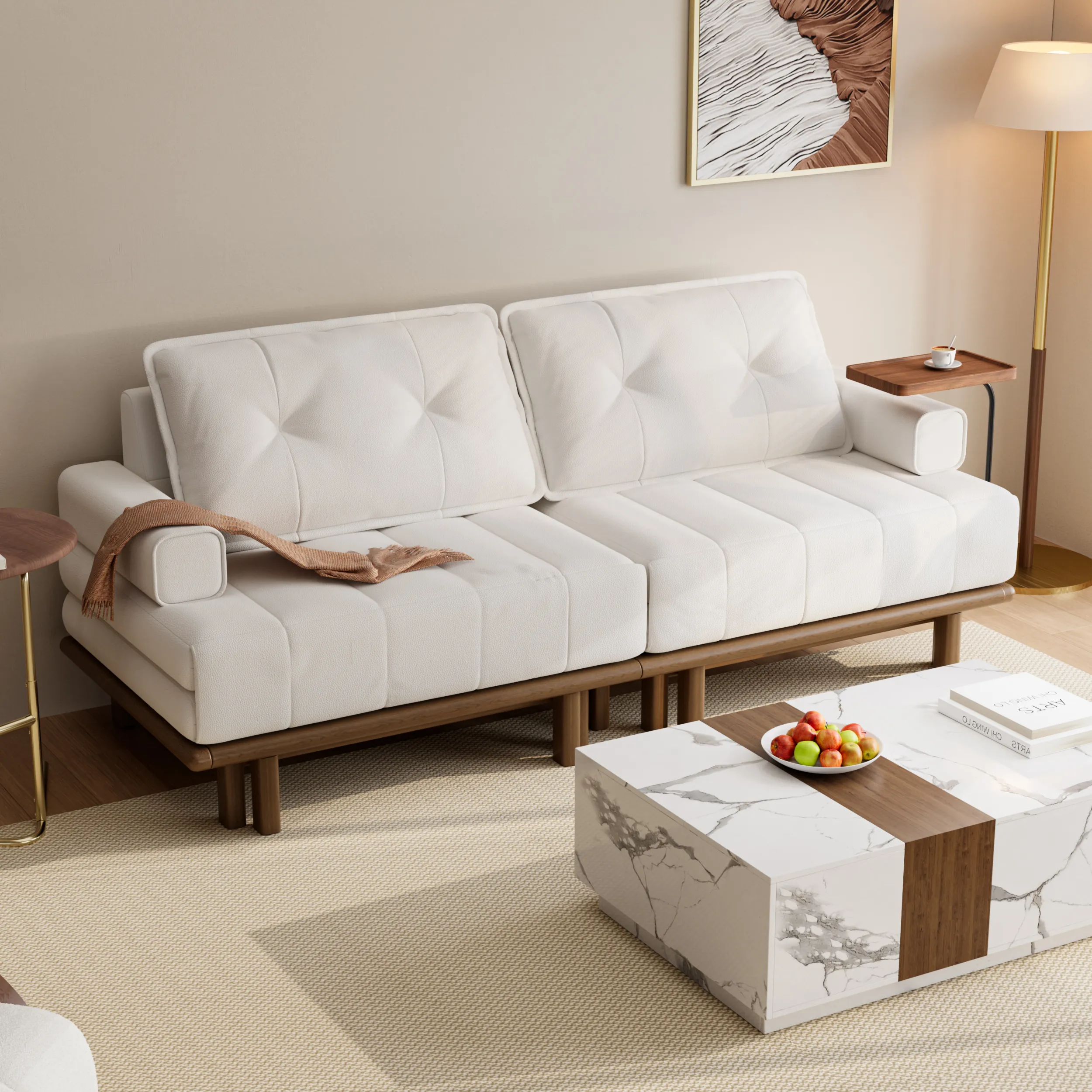 Queen 3-Seater Sofa Bed Convertible with Side Table - Leather
