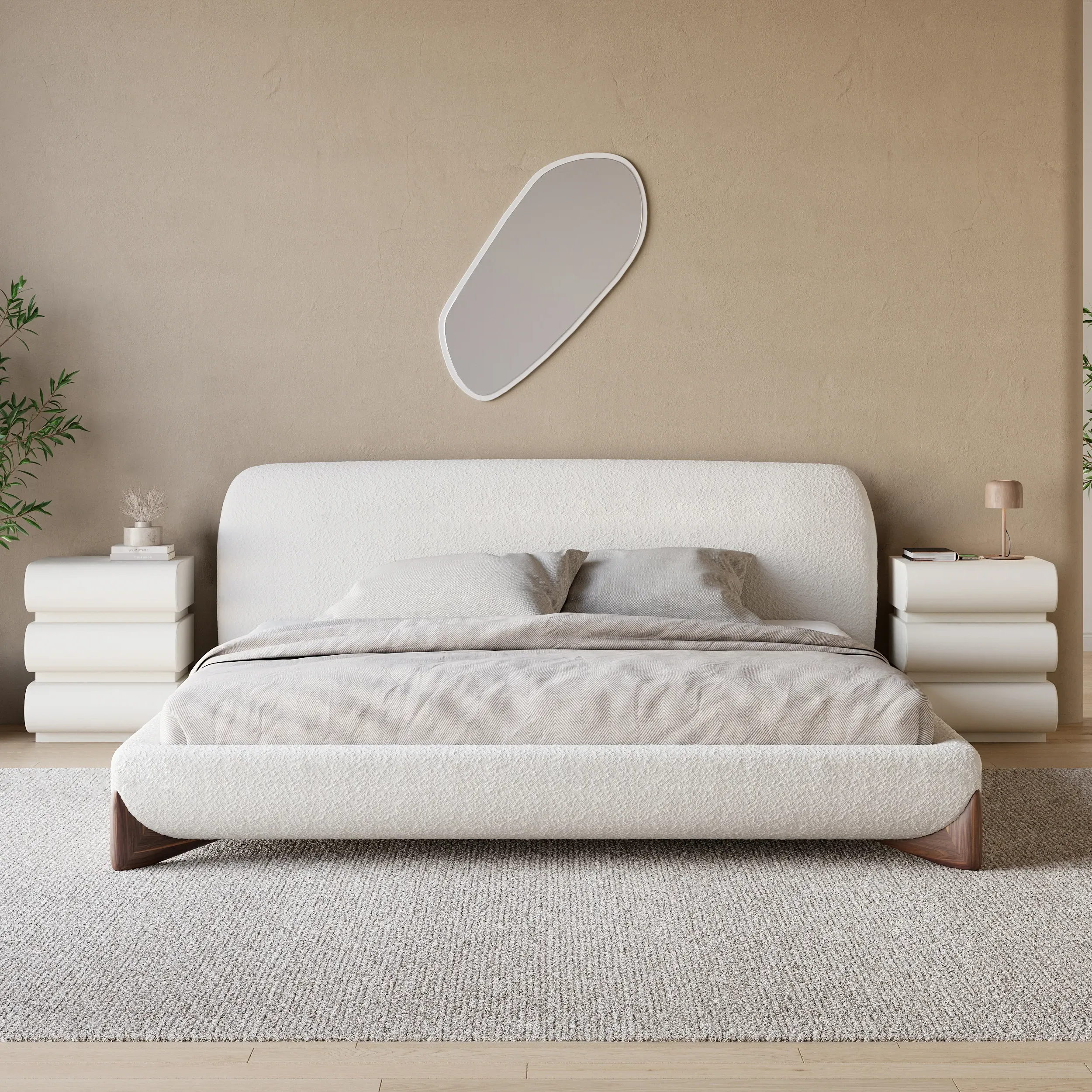 Queen Size Boucle Platform Bed Frame & 3-Drawer Smart Nightstands - White