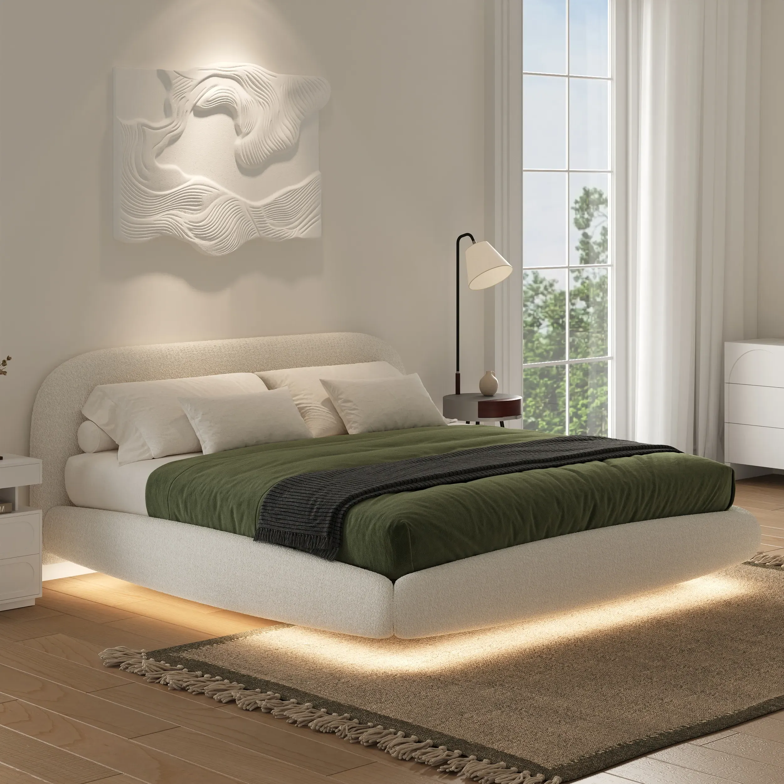 Queen Size Boucle Upholstered Floating Bed Frame with Light image