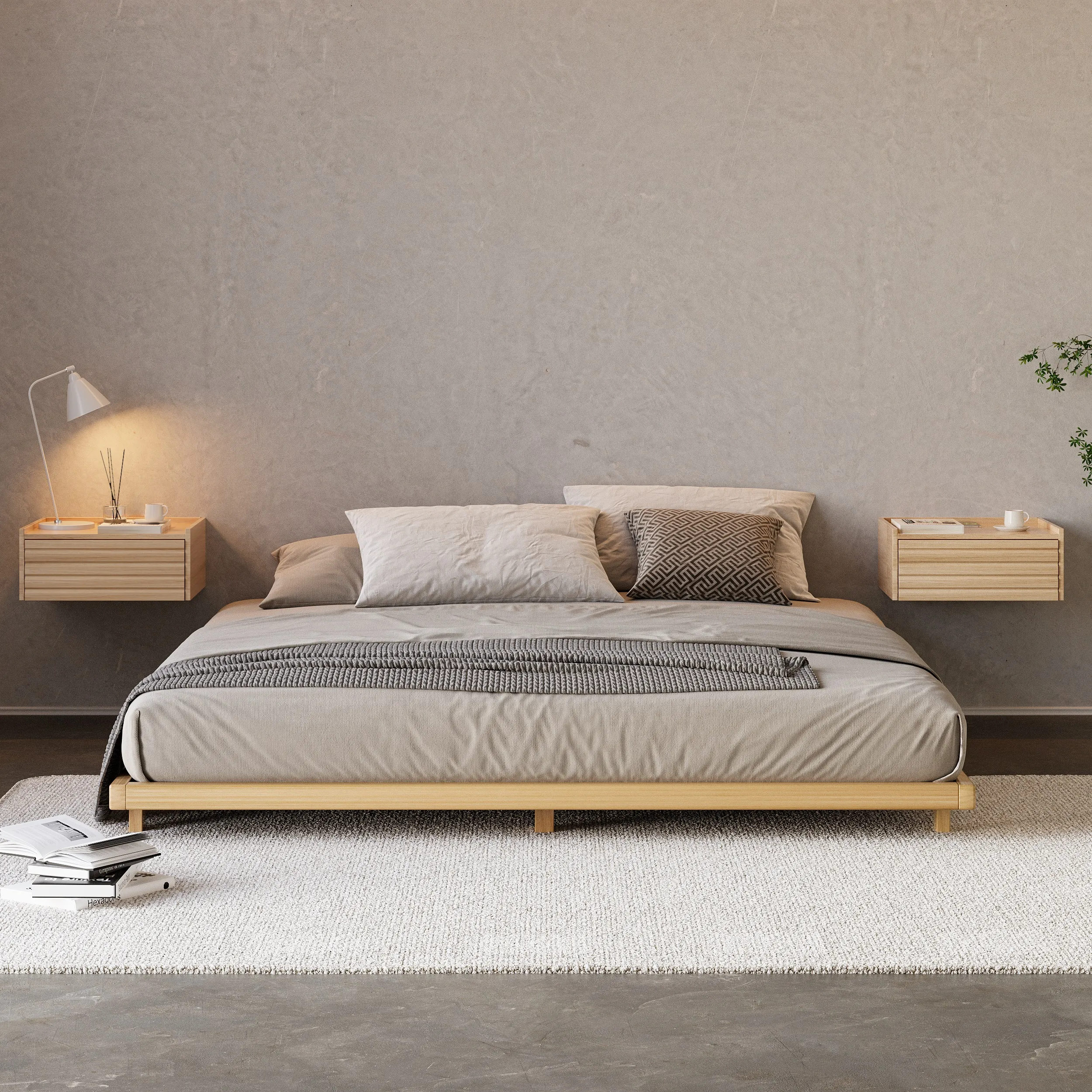 Queen Size Floating Nightstand with Charging Station - Walnut