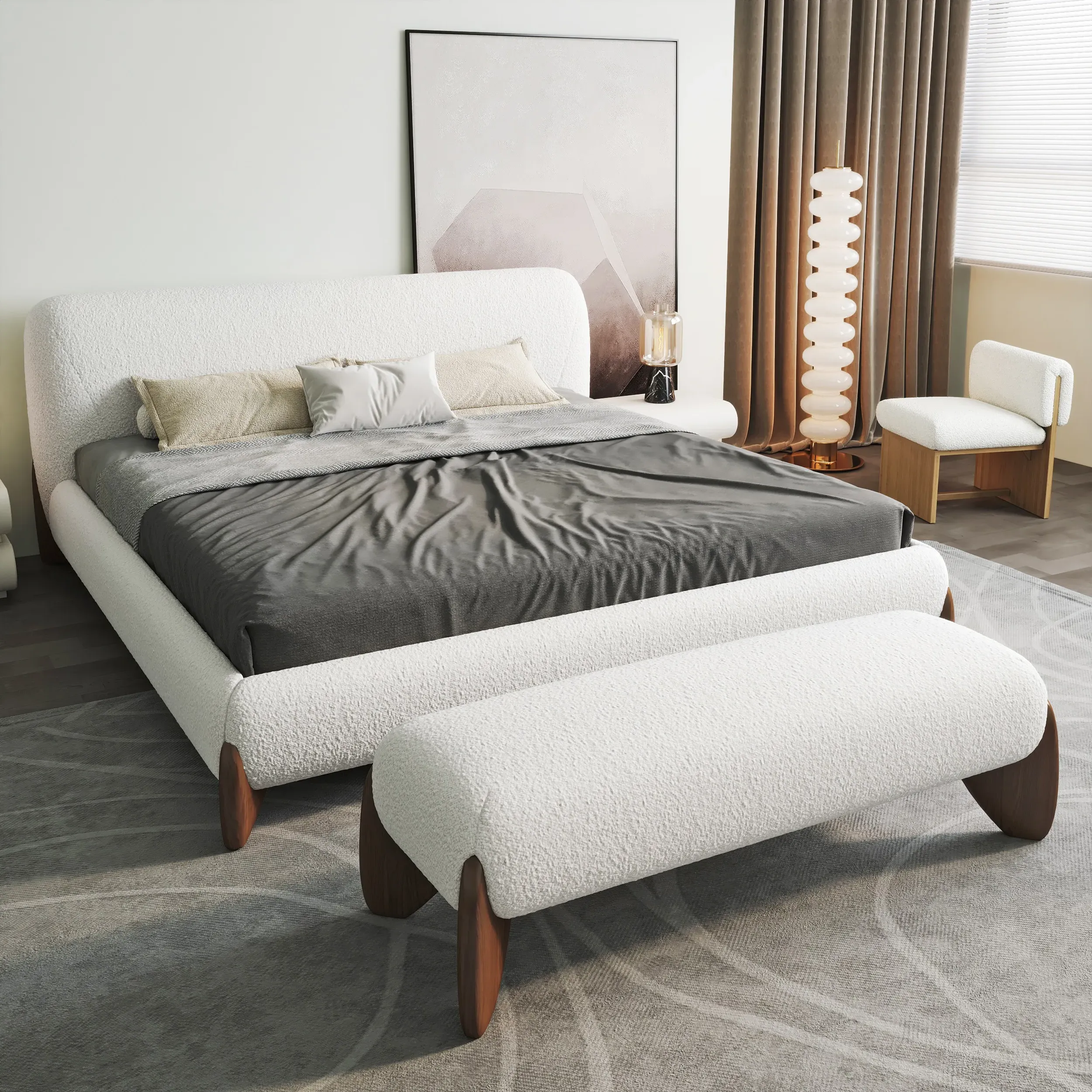 Queen Size Platform Bed Frame with Headboard & Bench Set - White, Boucle image