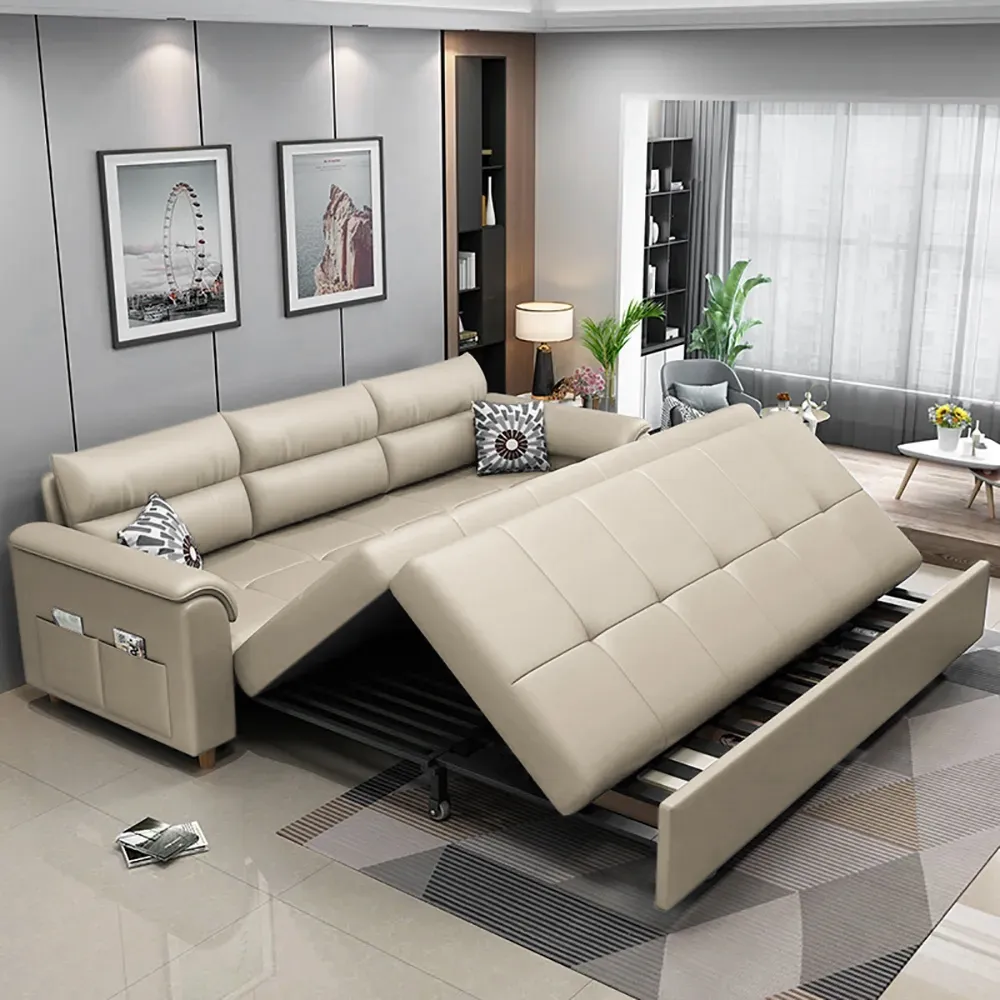 Queen Size Sleeper Sofa with Trundle - Beige, Leather image