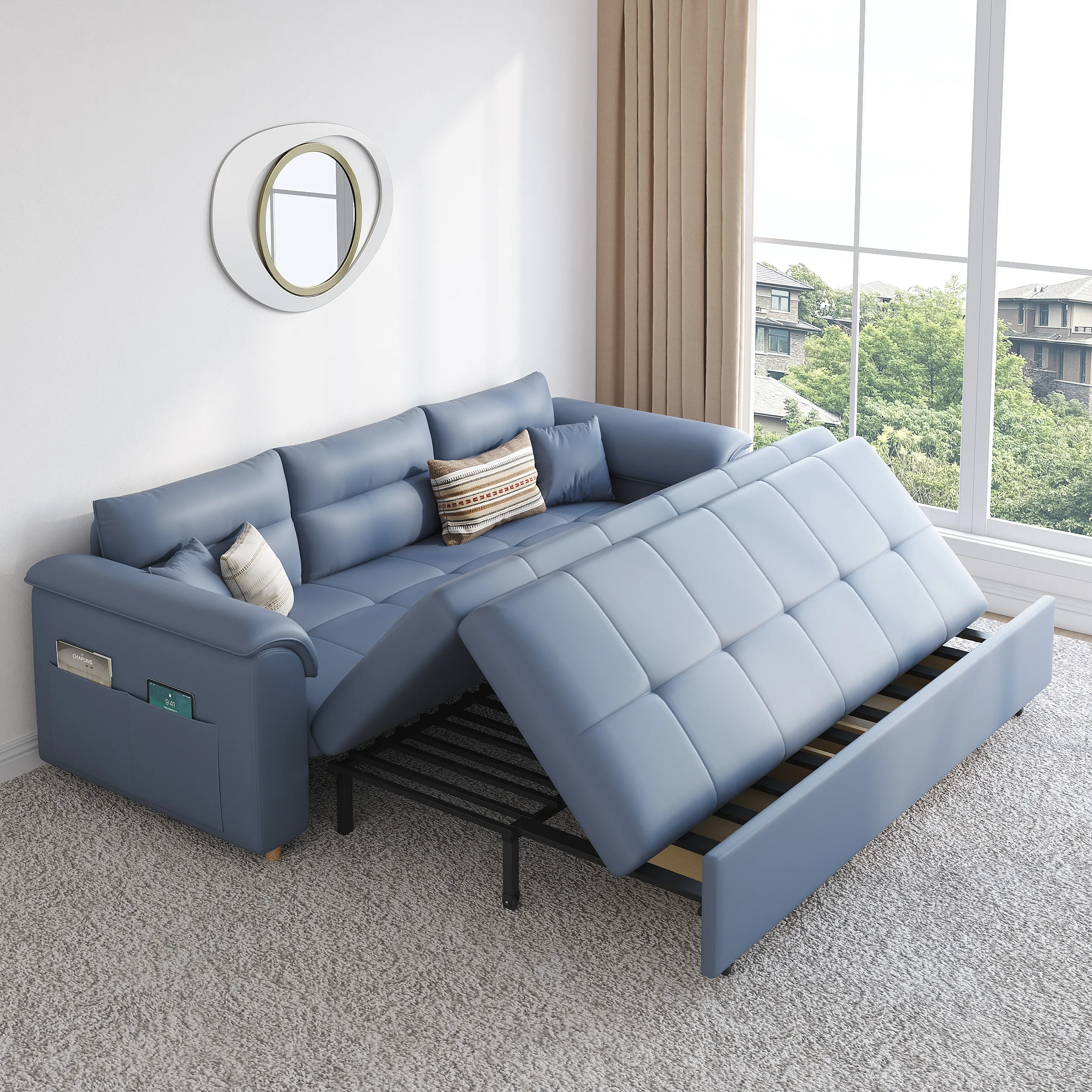 Queen Size Sleeper Sofa with Trundle - Blue, Leather