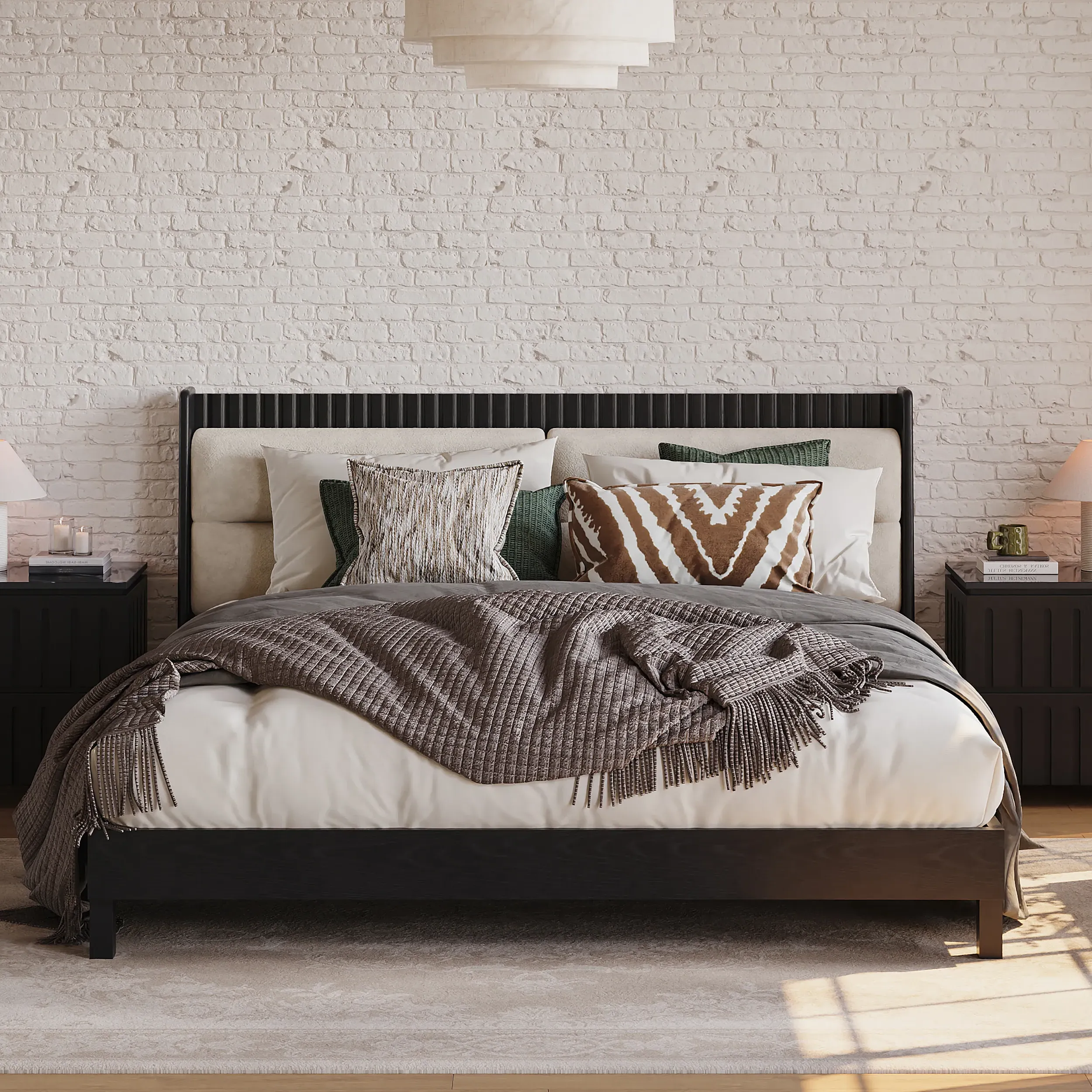 Queen Size Solid Wood Bed with Boucle Headboard - Black