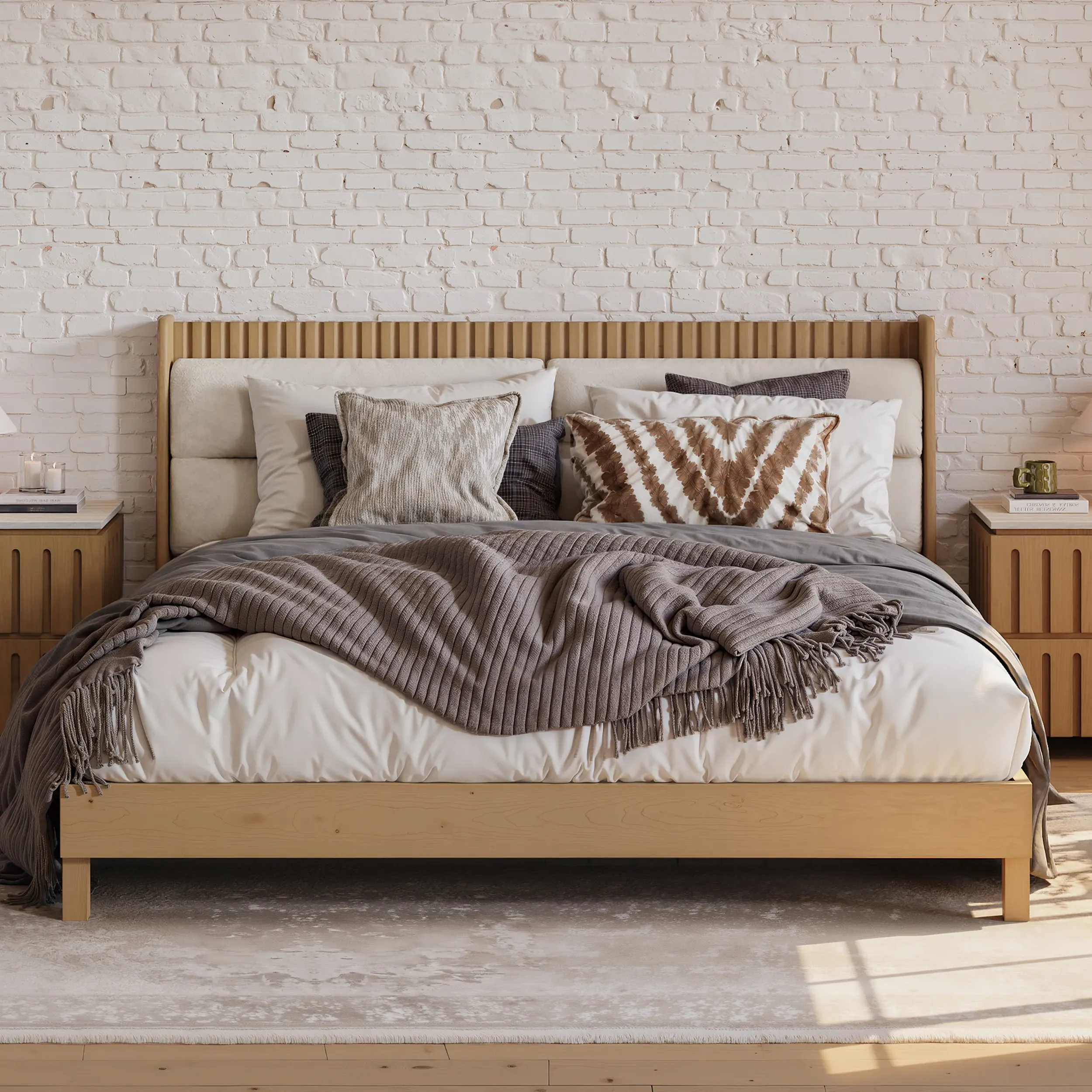 Queen Size Solid Wood Bed with Boucle Headboard - Natural image