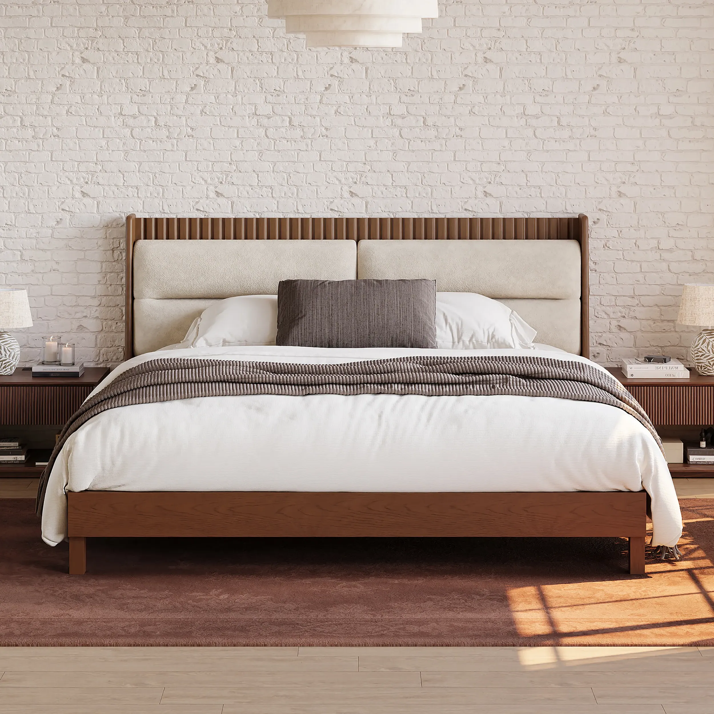 Queen Size Solid Wood Bed with Boucle Headboard - Walnut