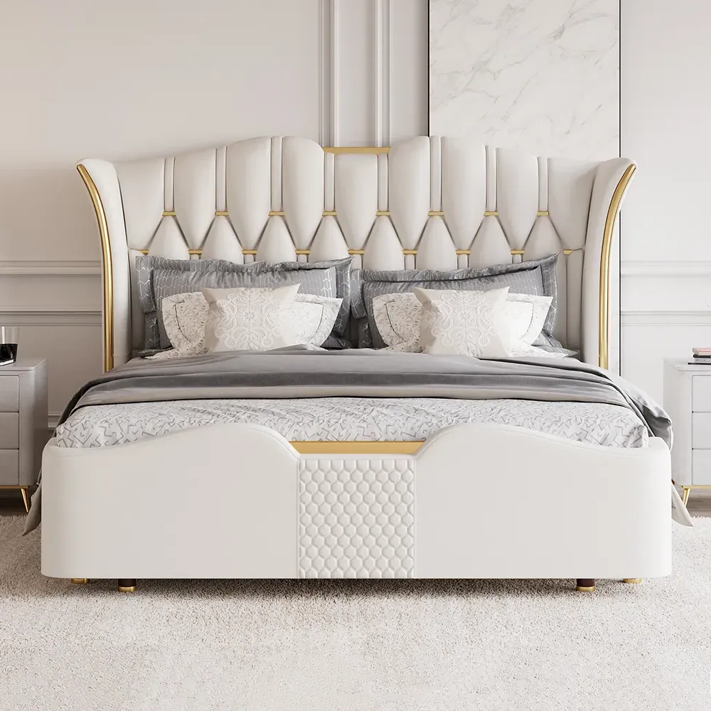 Queen Size Upholstered Bed Frame with Tufted Wingback Headboard