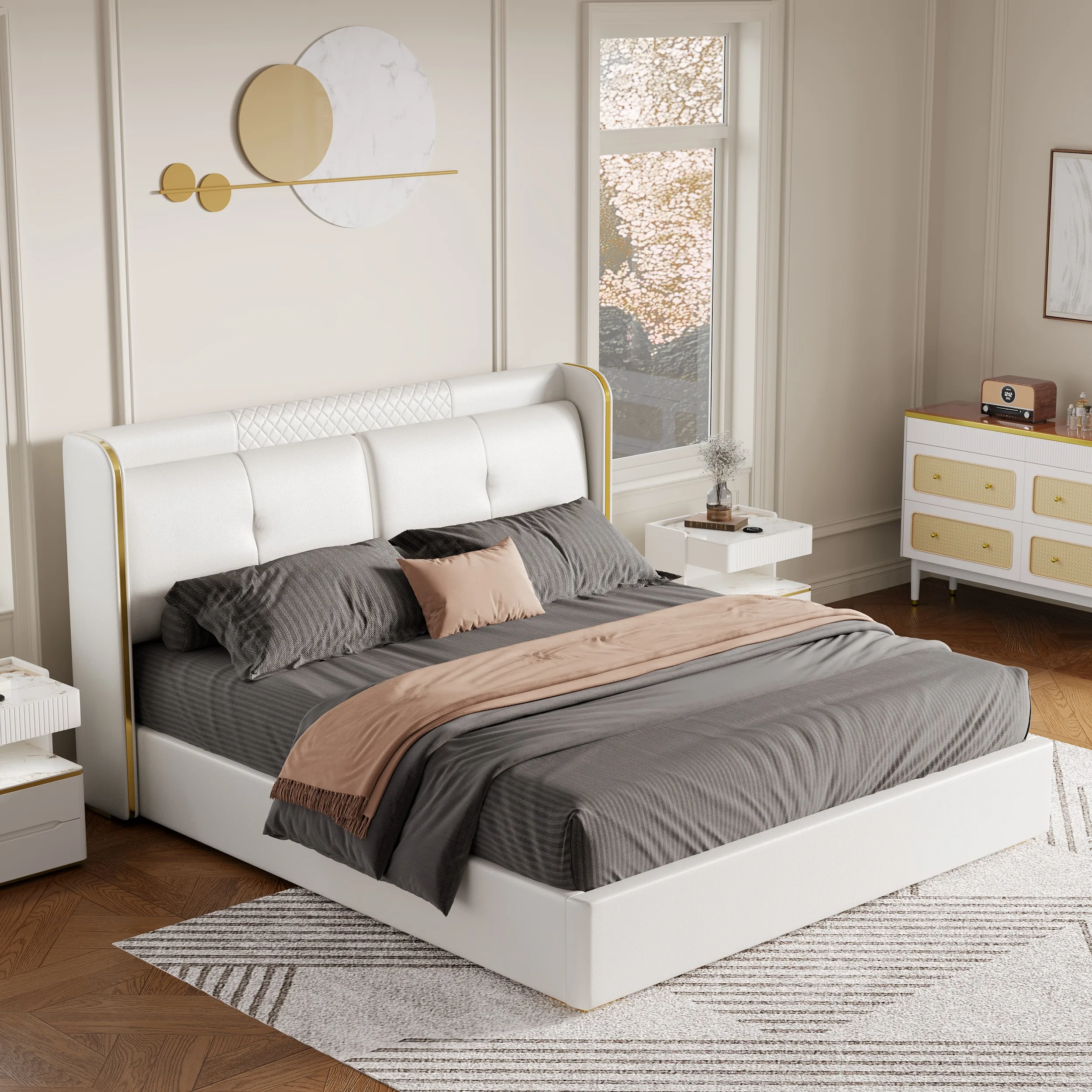 Queen Upholstered Platform Bed with Wingback Headboard - Off-White image