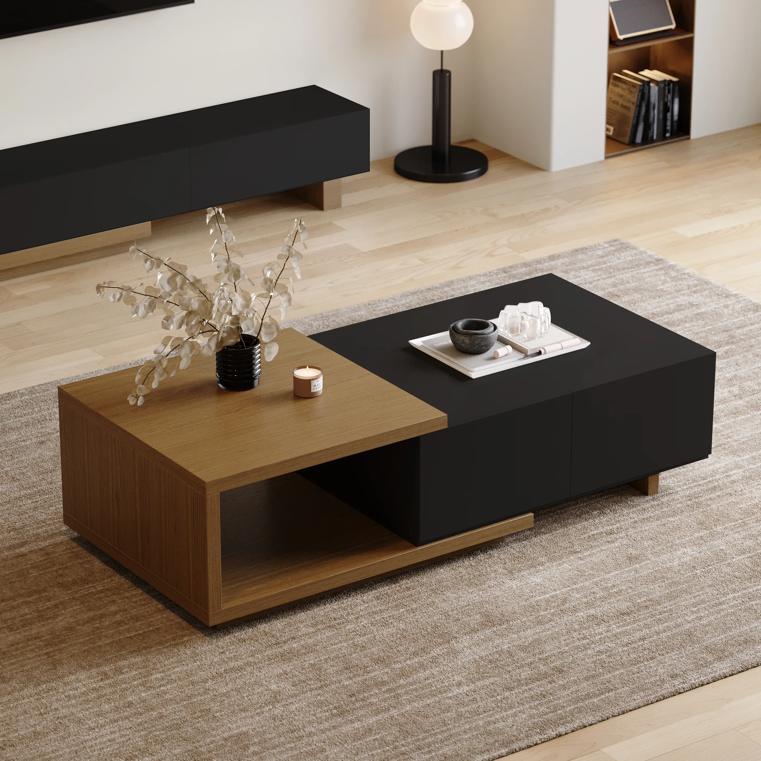 Quoint Extendable Coffee Table with 2-Drawer - Black, Walnut