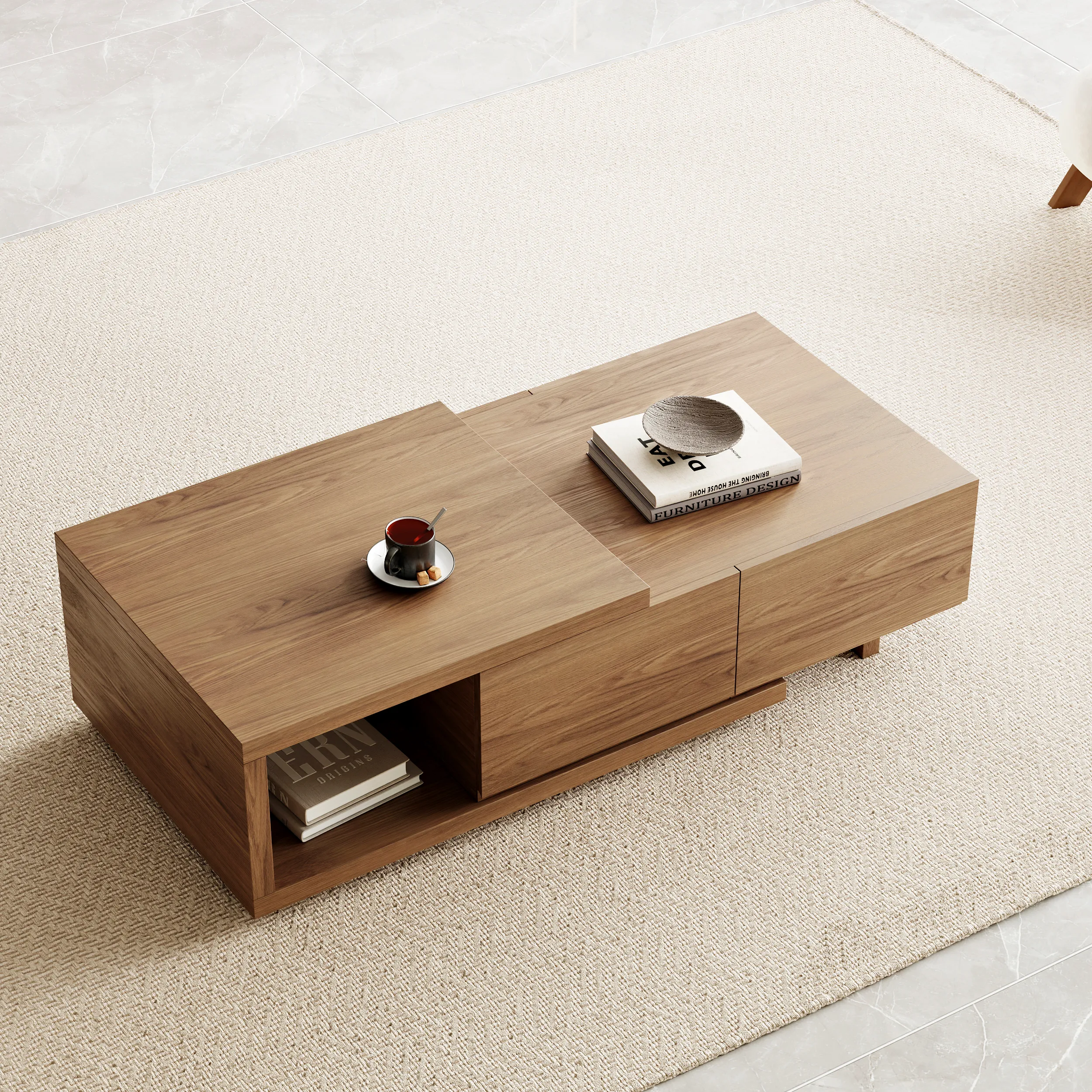 Quoint Extendable Coffee Table with 2-Drawer - Walnut