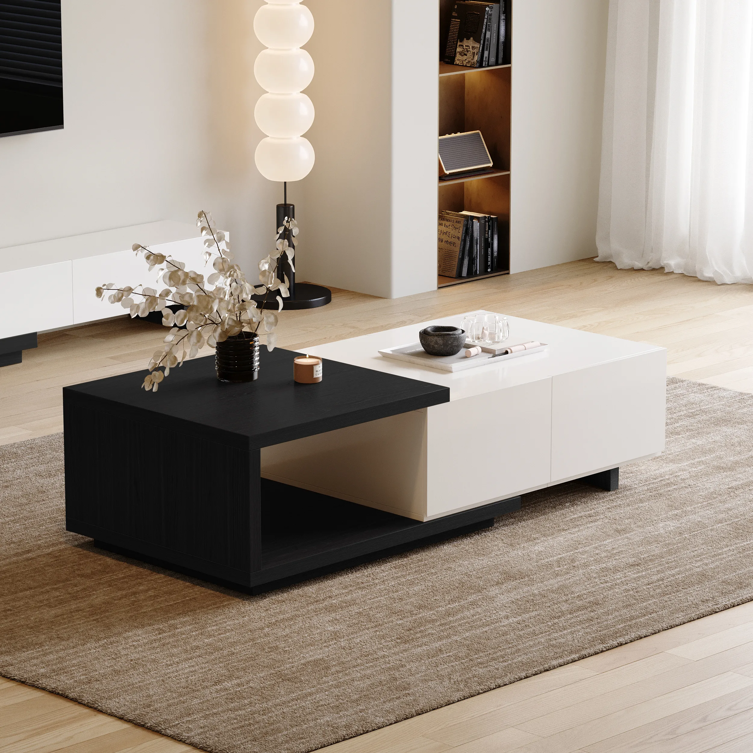 Quoint Extendable Coffee Table with 2-Drawer - White, Walnut
