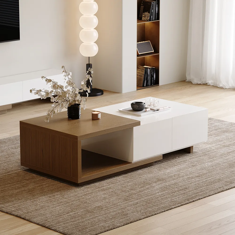 Quoint Extendable Coffee Table with 2-Drawer - White, Walnut image