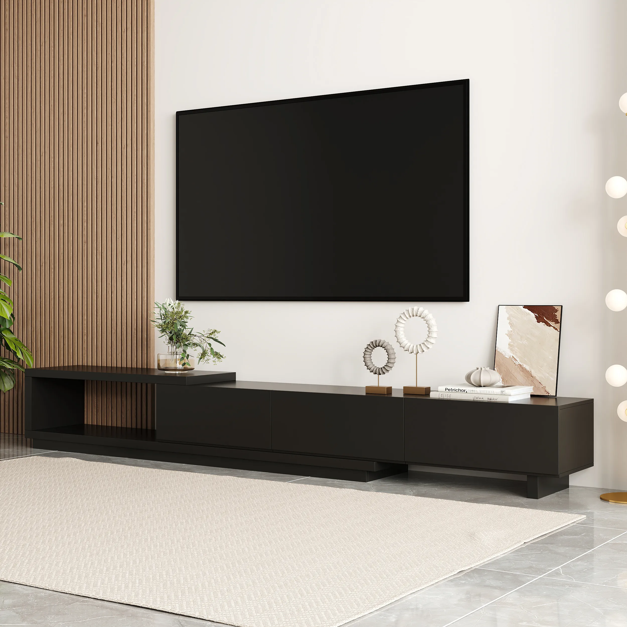 Quoint Extendable TV Stand with 3-Drawer - Black