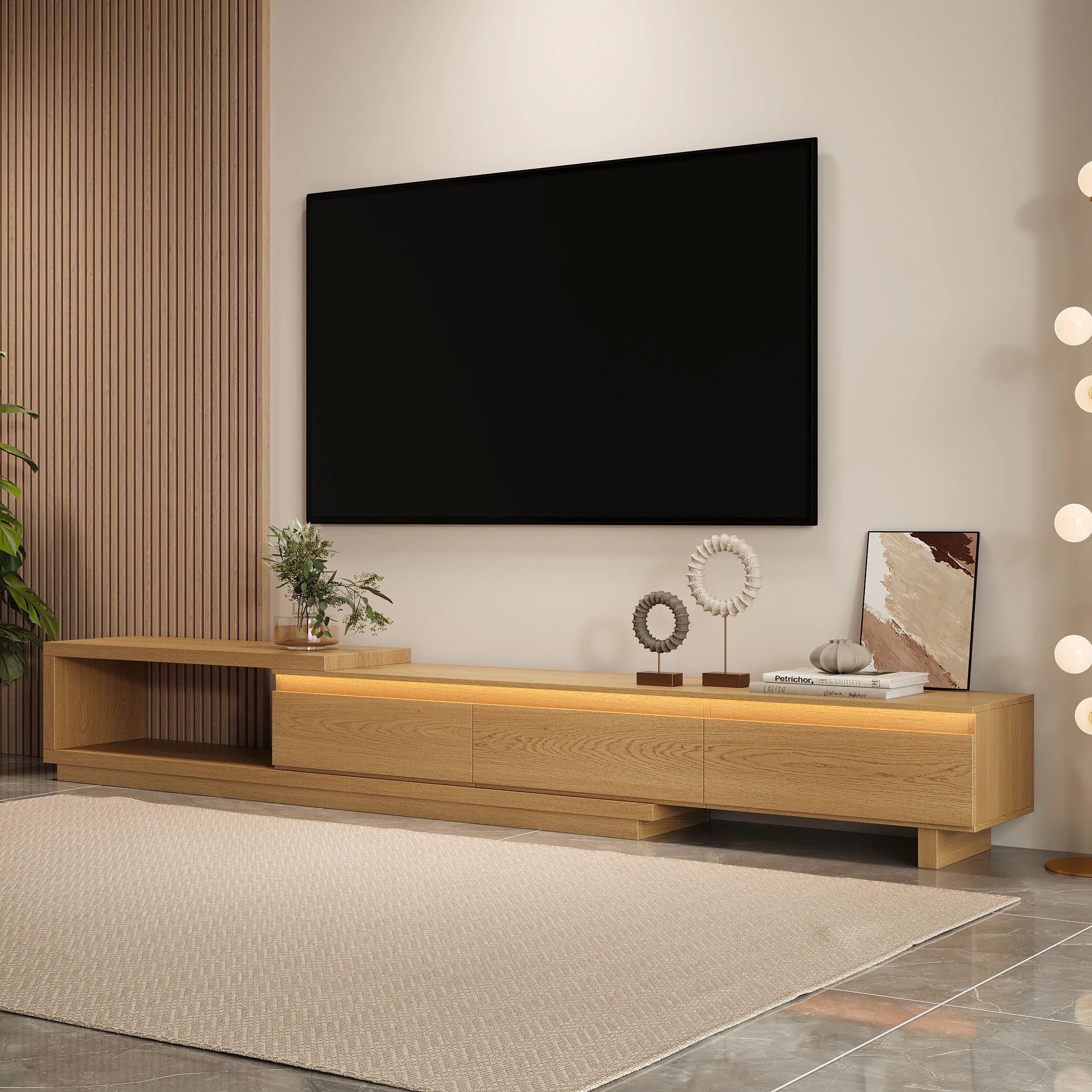 Quoint Extendable TV Stand with 3-Drawer Light - Natural