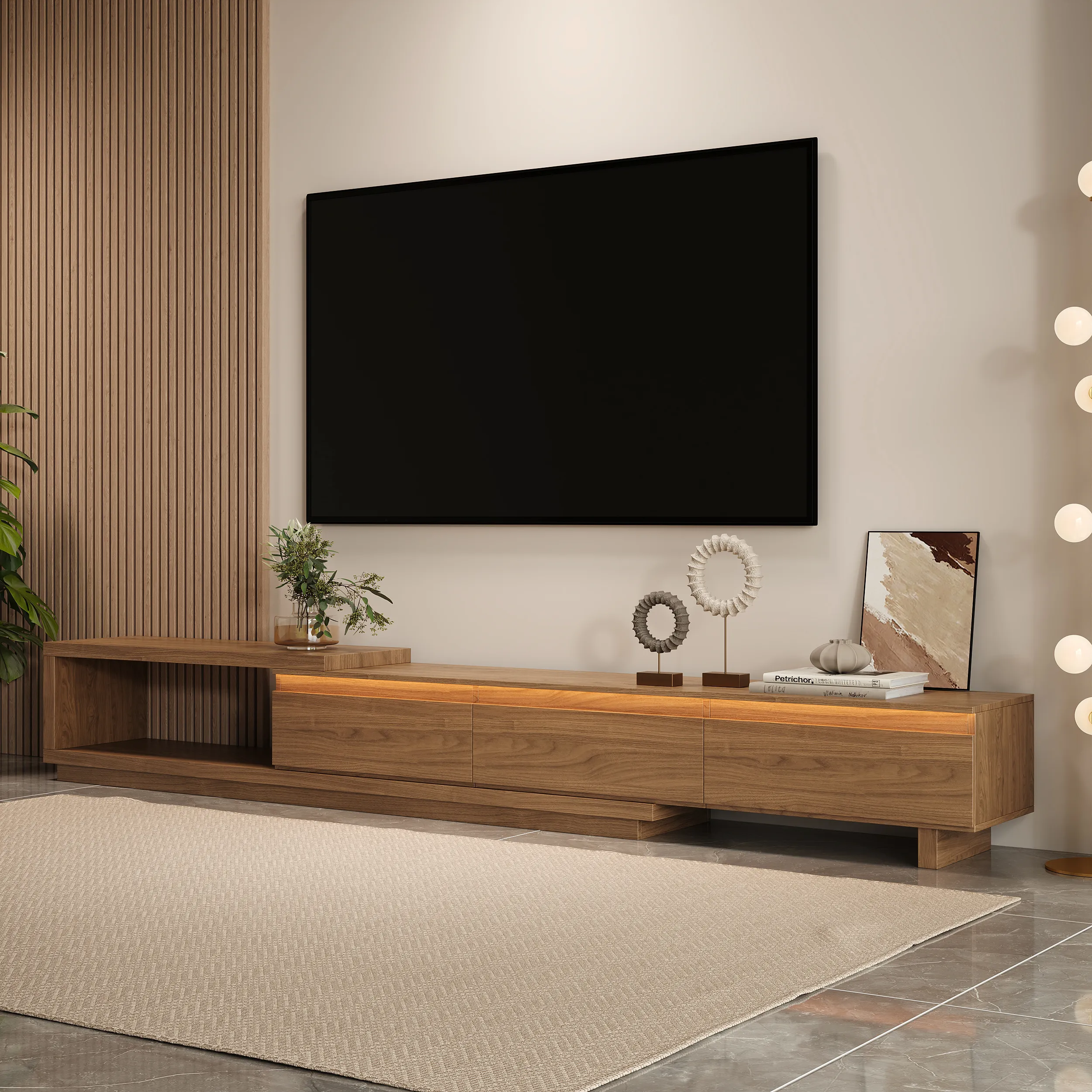 Quoint Extendable TV Stand with 3-Drawer Light - Walnut