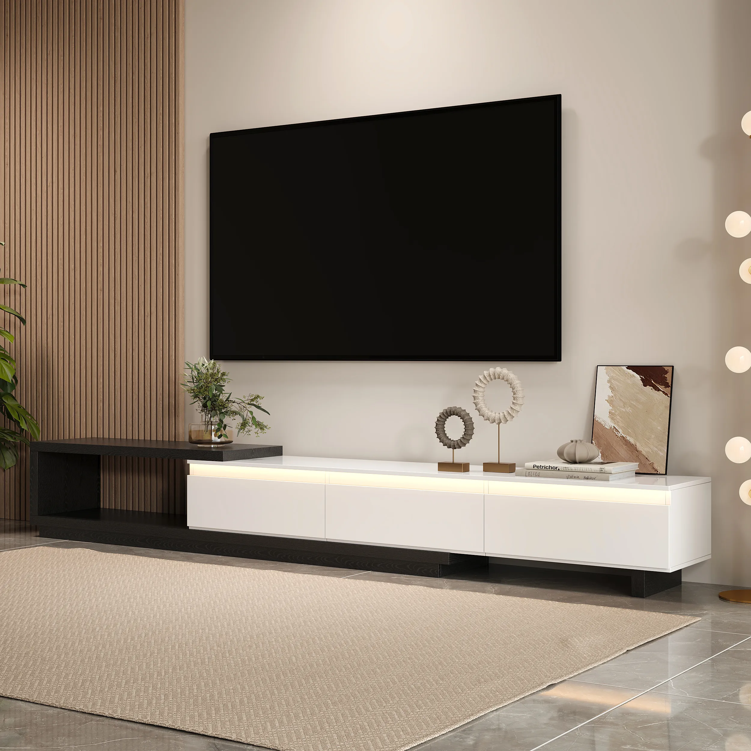 Quoint Extendable TV Stand with 3-Drawer Light