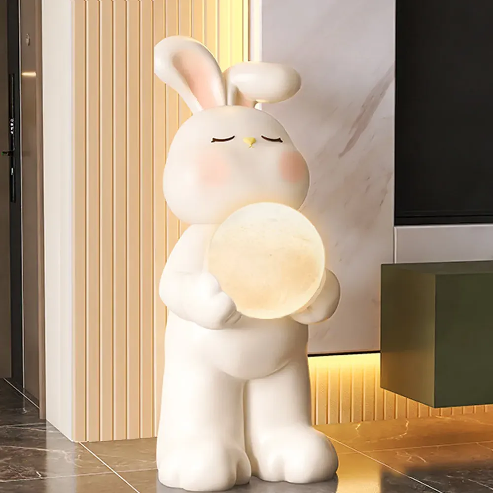 Rabbit Moon Floor Lamp Sculpture - White, Resin