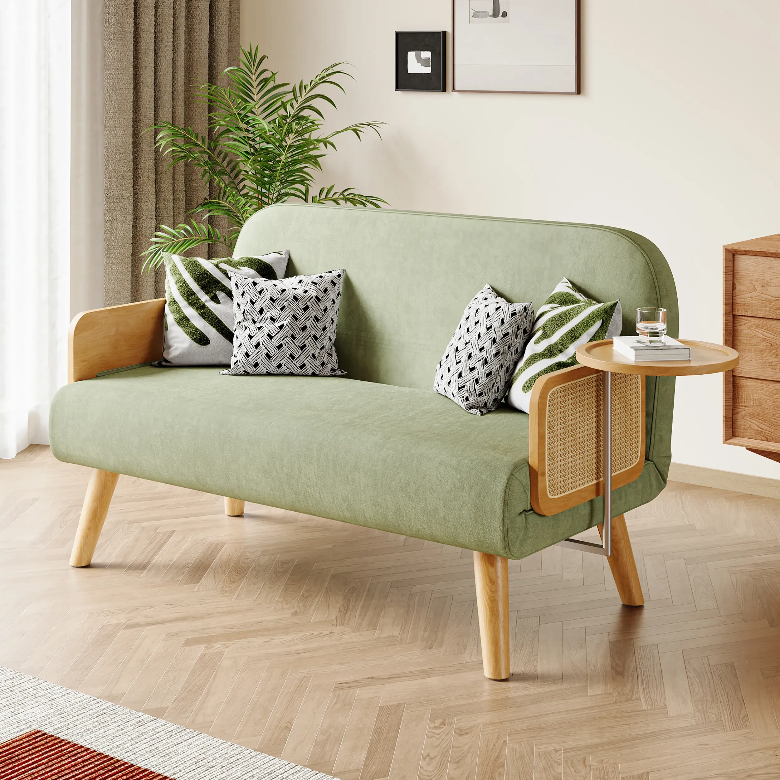 Rattan 2-Seater Daybed Convertible - Green, Velvet