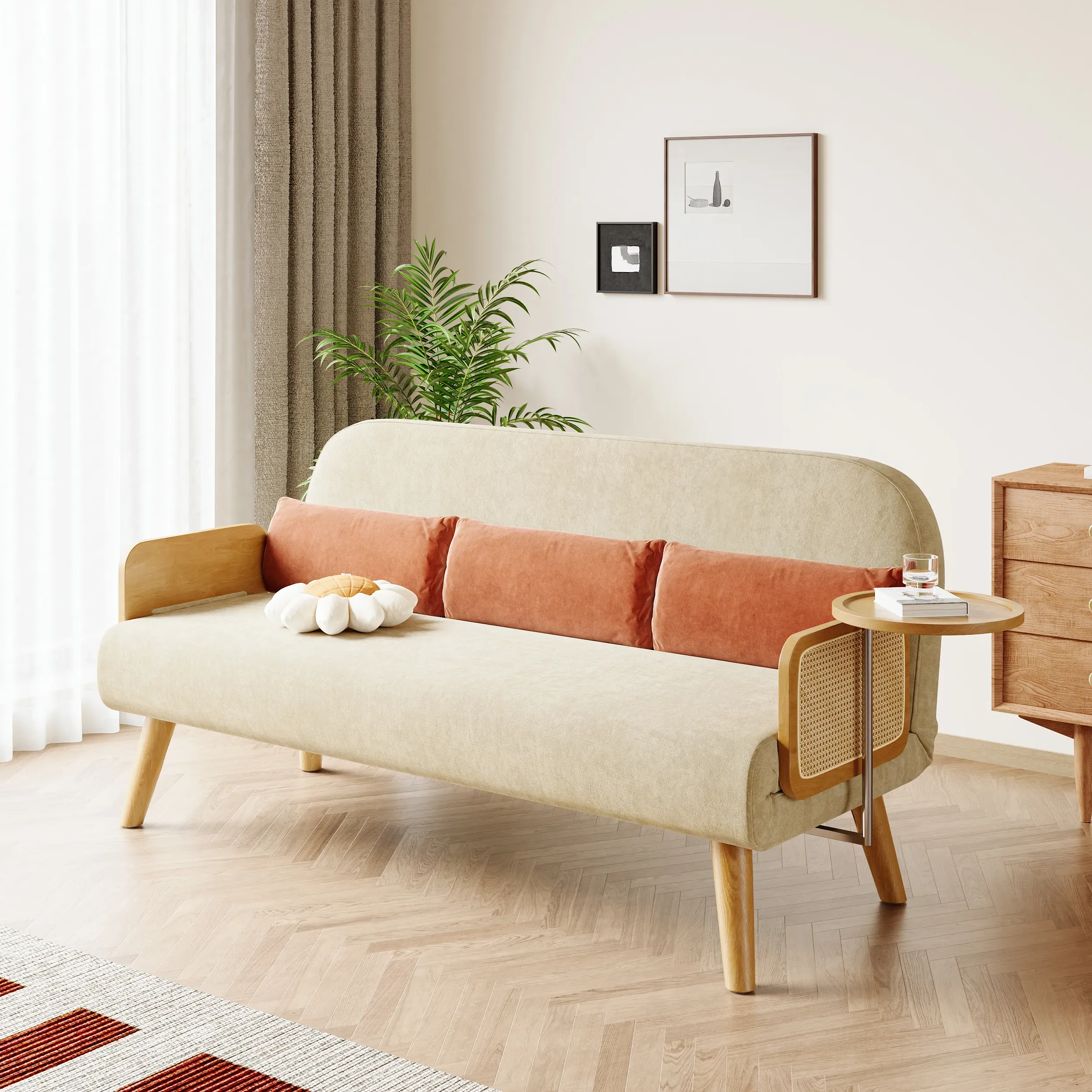 Rattan 3-Seater Daybed Convertible - Beige, Linen