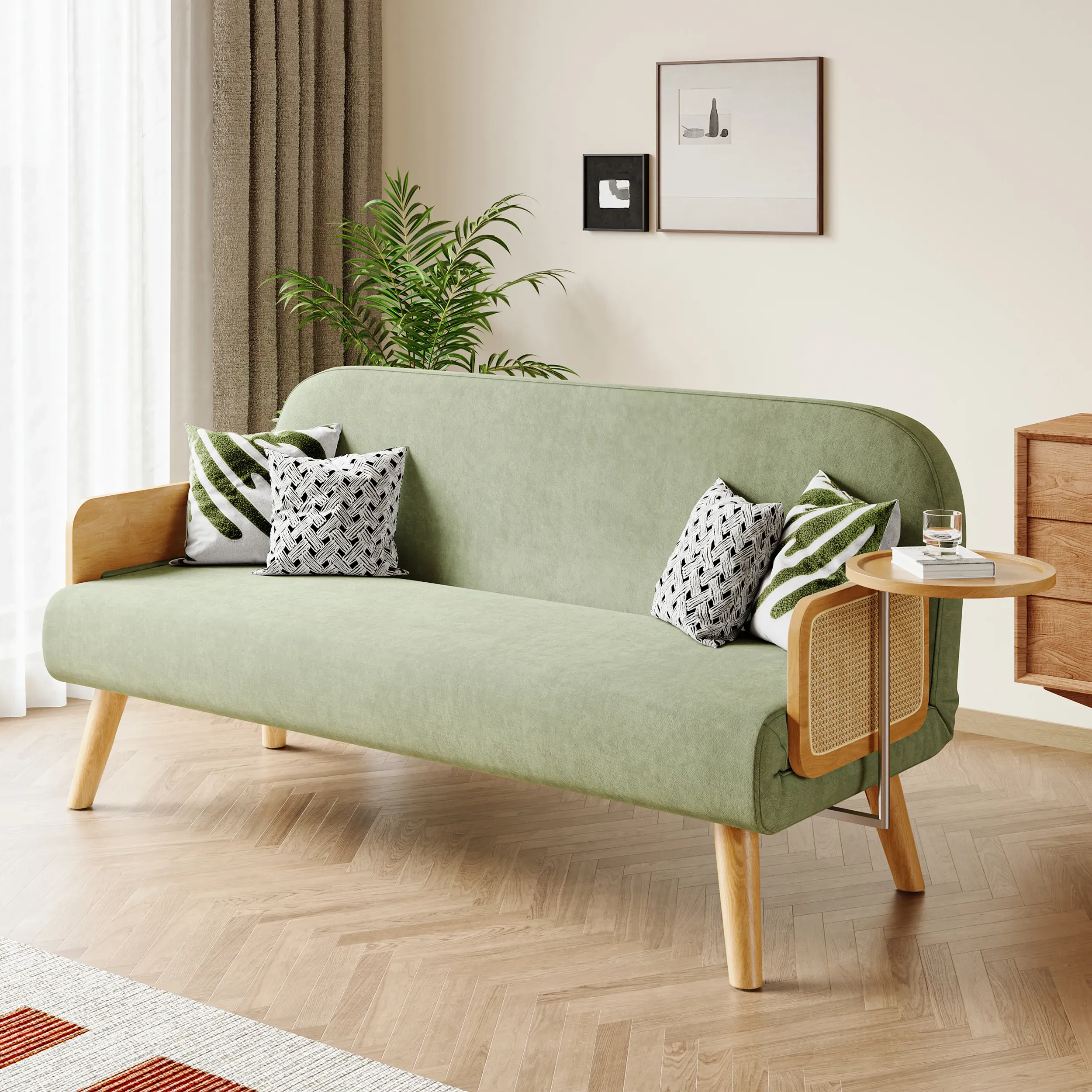 Rattan 3-Seater Daybed Convertible - Green, Velvet