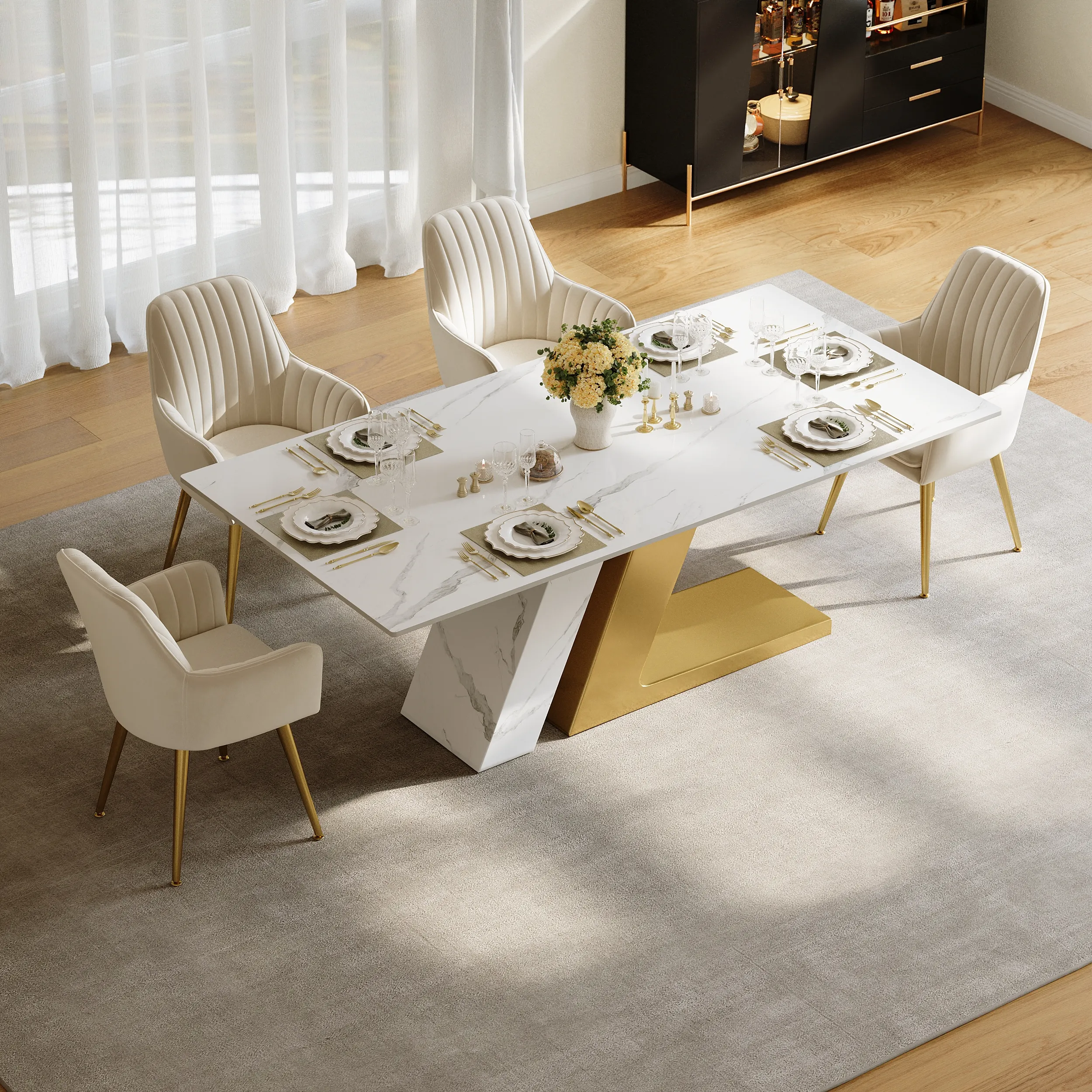 Rectangle Dining Table for 6 - White, Faux Marble