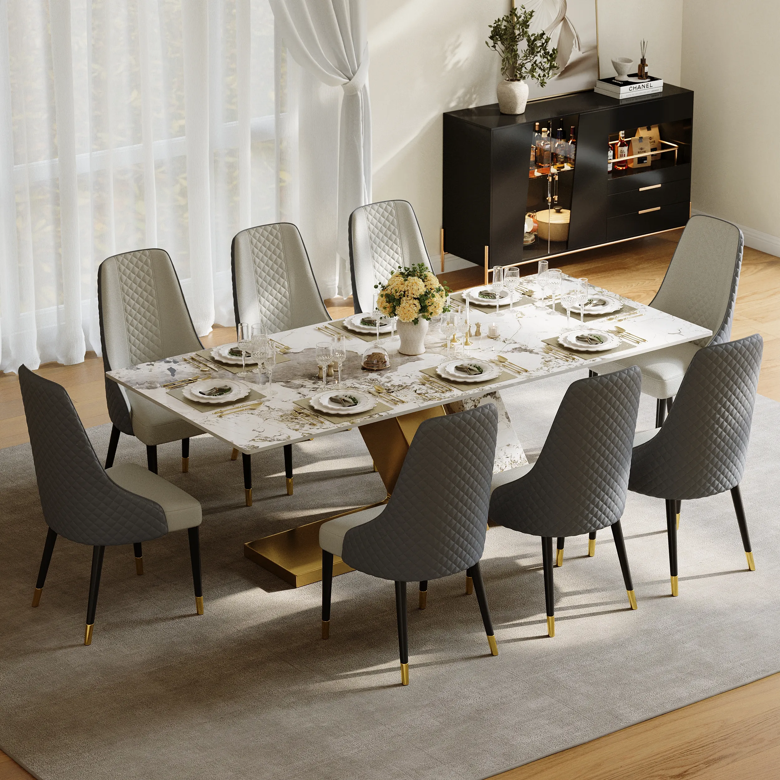 Rectangle Dining Table Set with 8 Chairs - Gold, Faux Marble