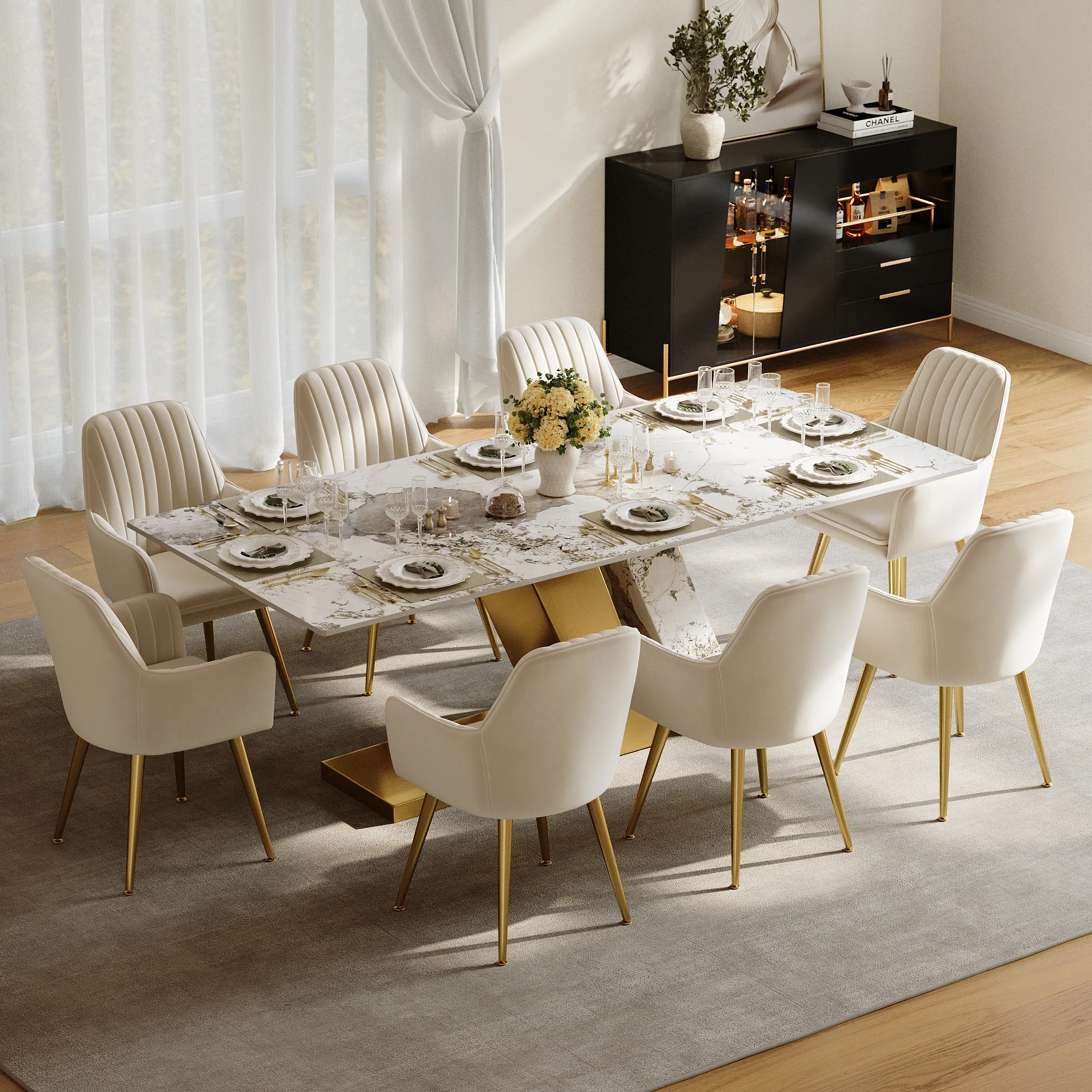 Rectangle Dining Table Set with 8 Chairs - Gold, Faux Marble image