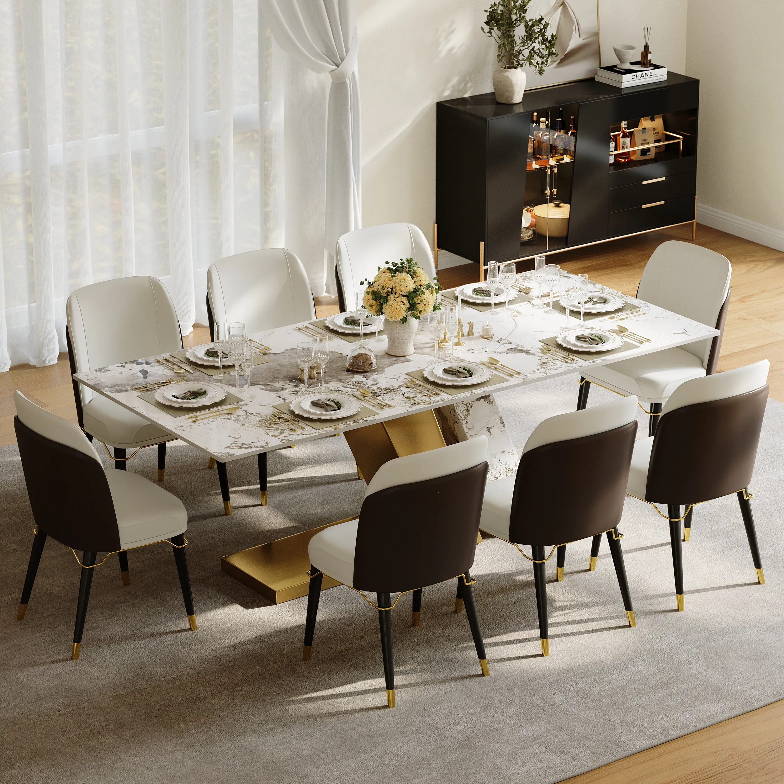 Rectangle Dining Table Set with 8 Chairs - Gold, Faux Marble