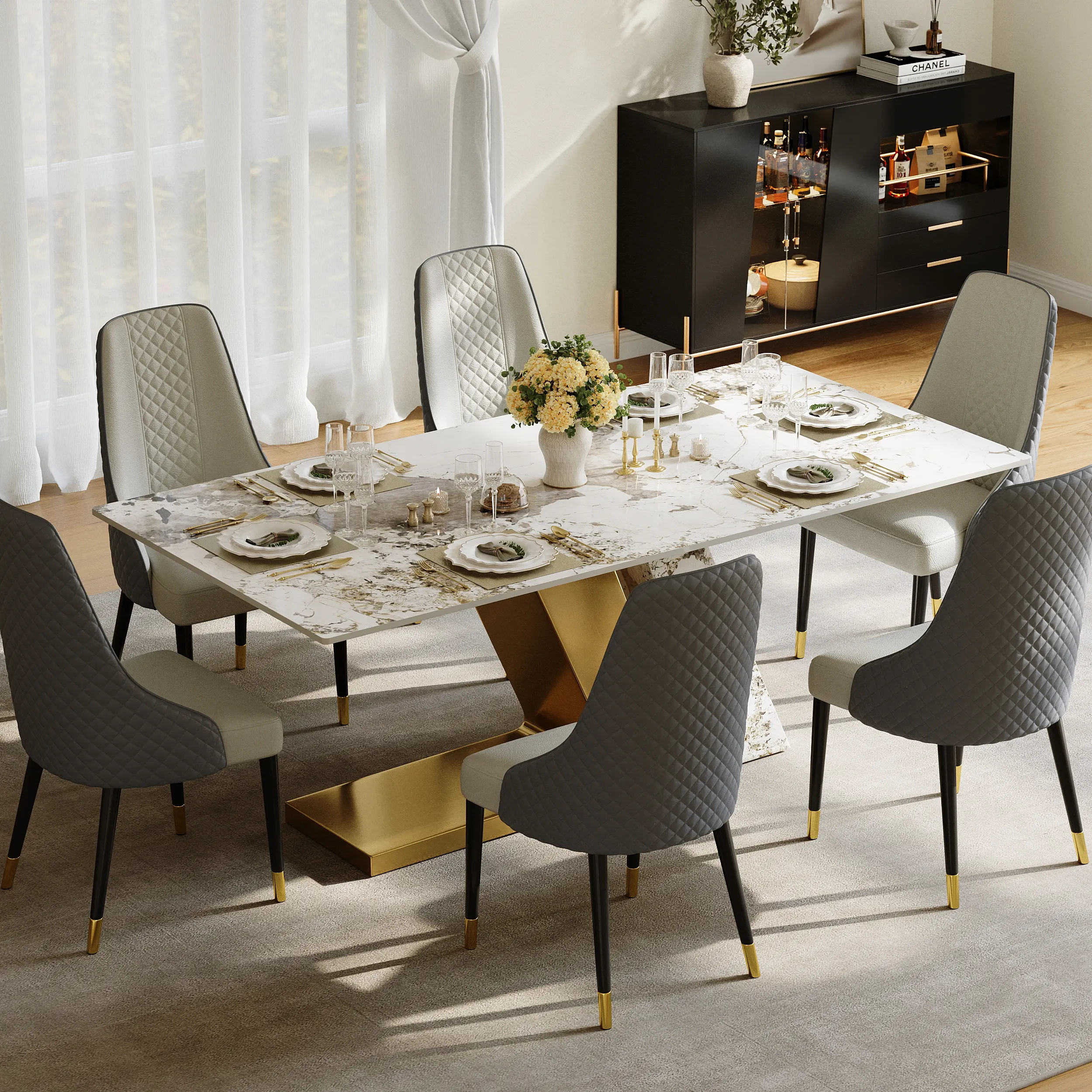 Rectangle Dining Table with 6 Chairs - Gold, Faux Marble