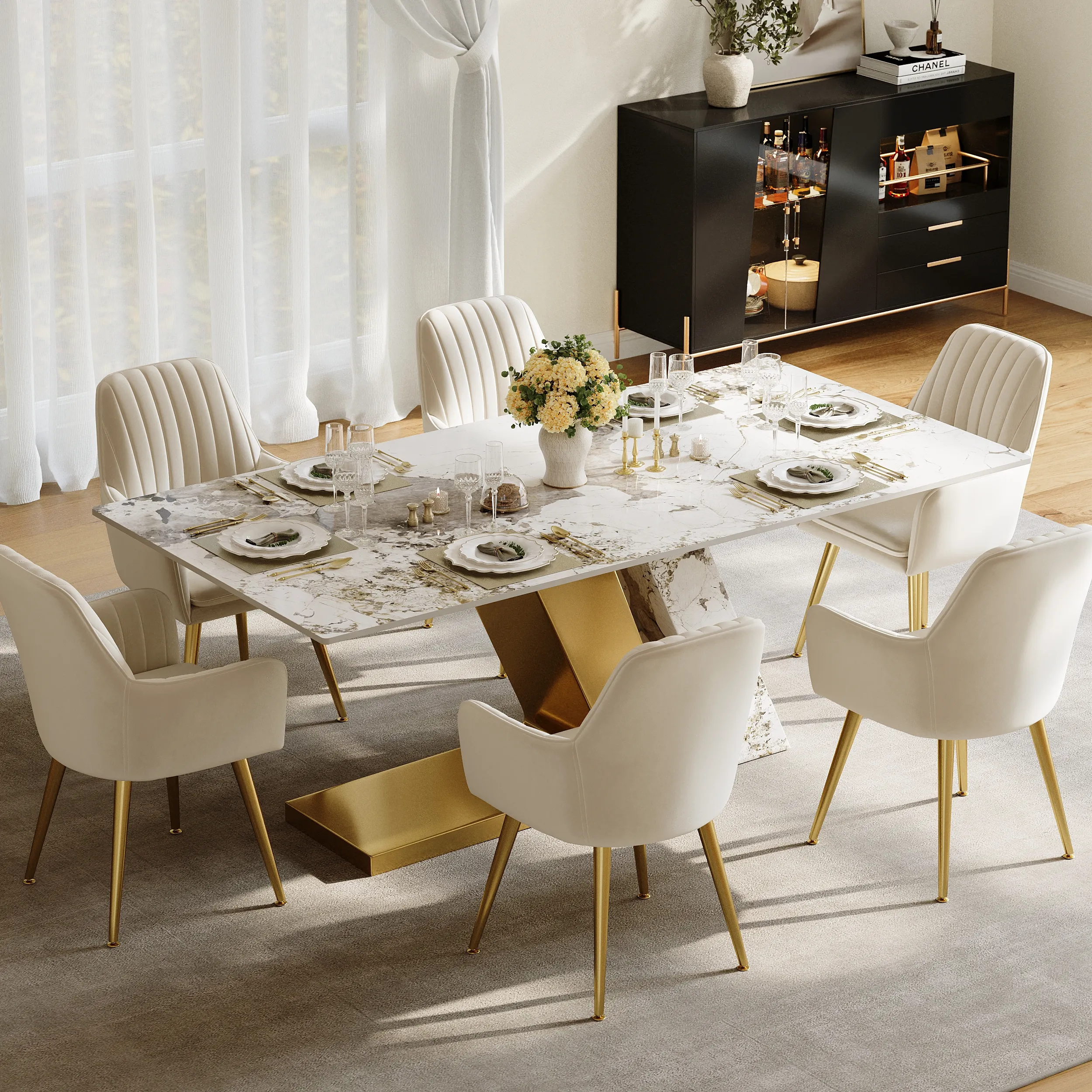 Rectangle Dining Table with 6 Chairs - Gold, Faux Marble
