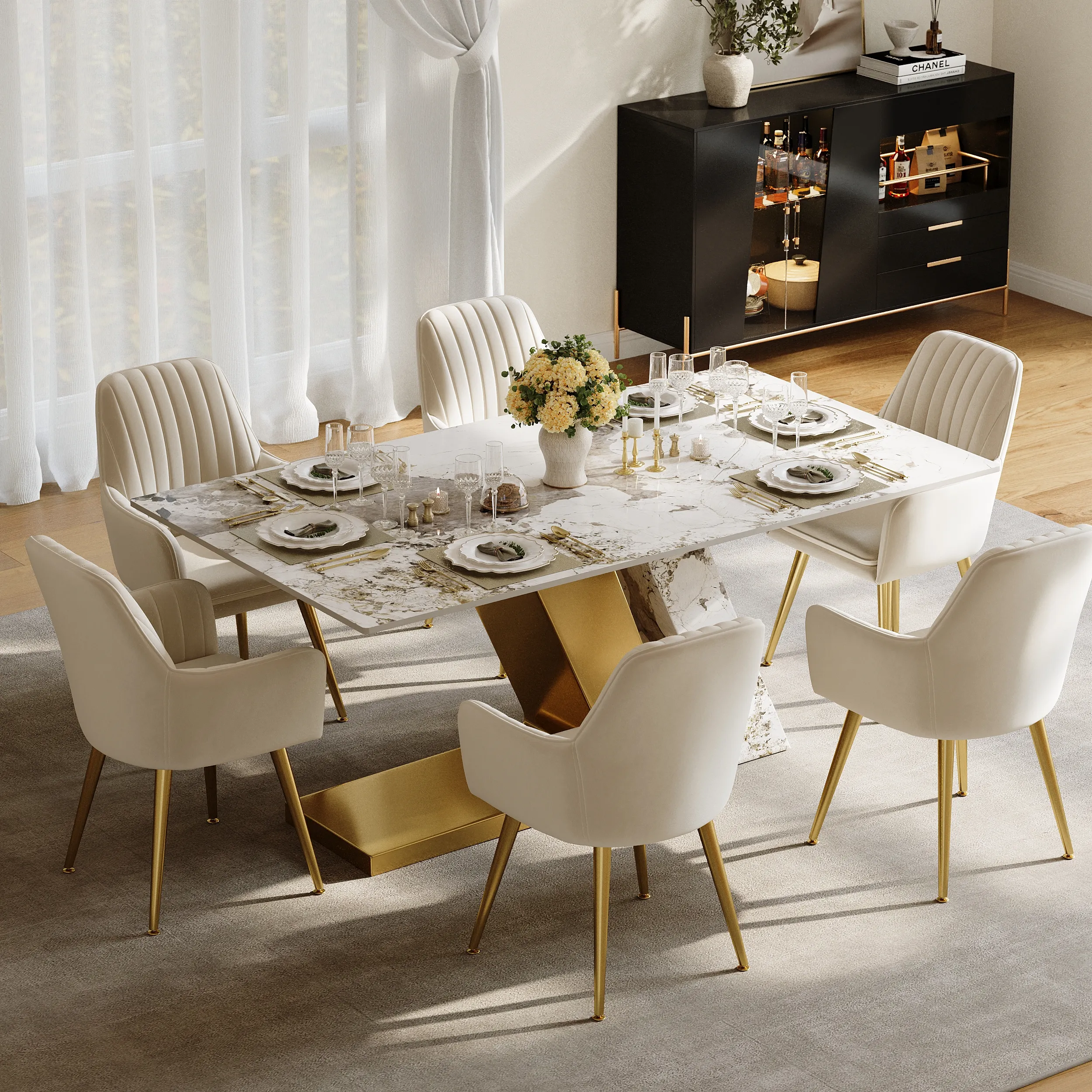 Rectangle Dining Table with 6 Chairs - Gold, Faux Marble
