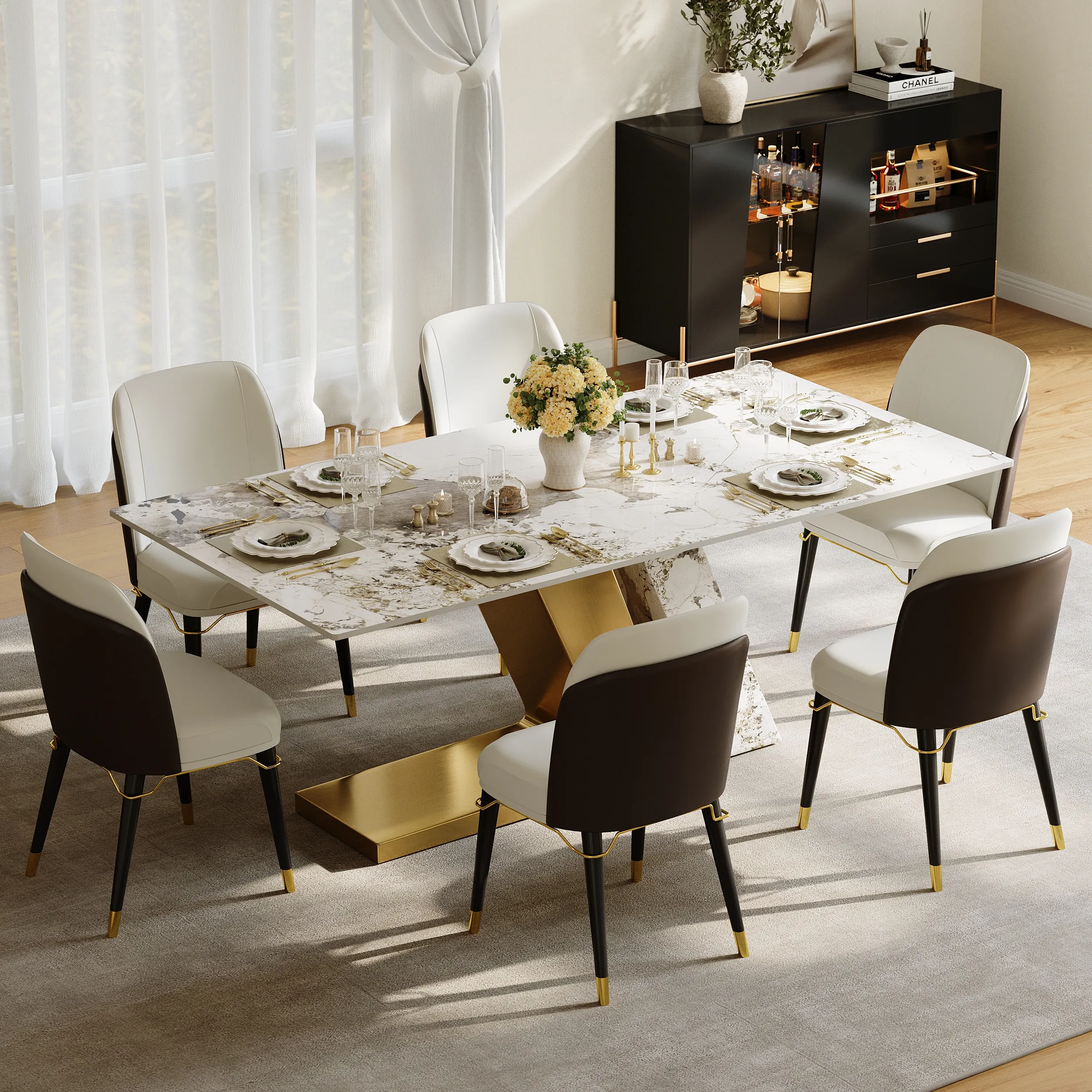 Rectangle Dining Table with 6 Chairs - Gold, Sintered Stone