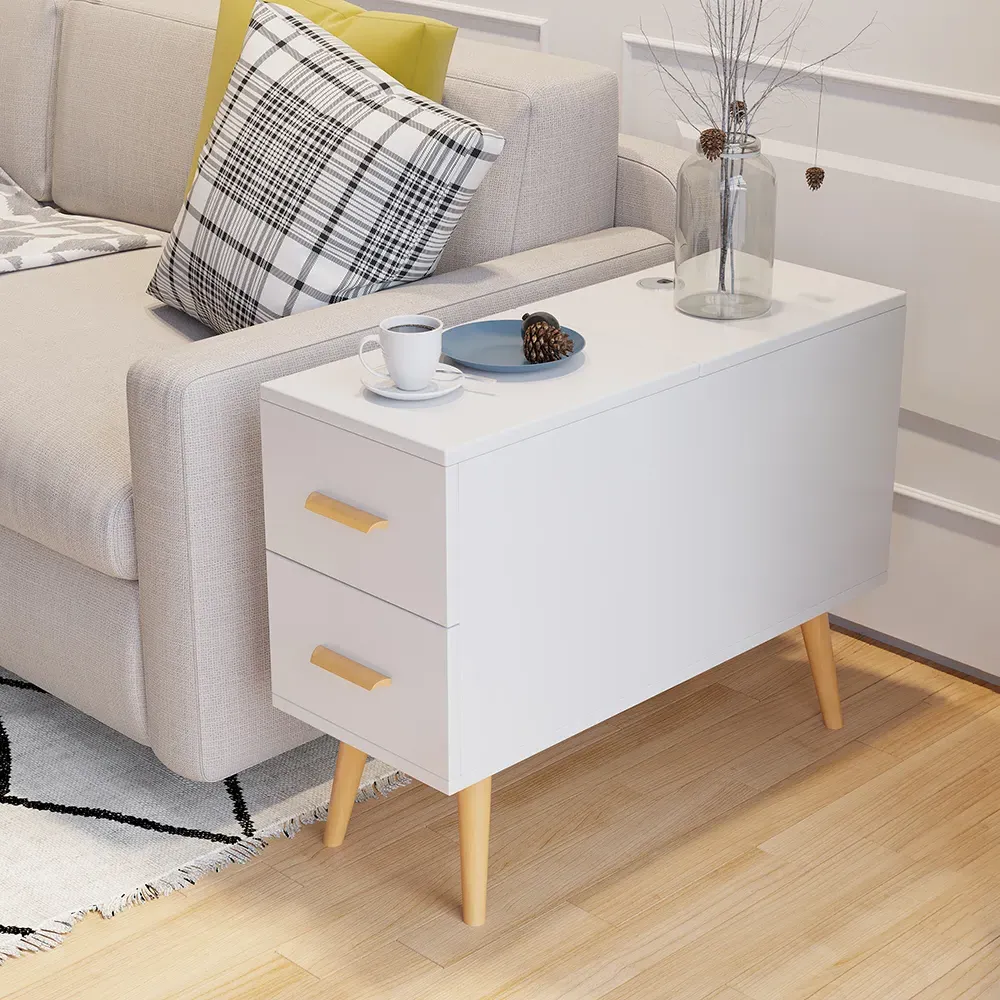 Rectangle End Table with Drawers - White