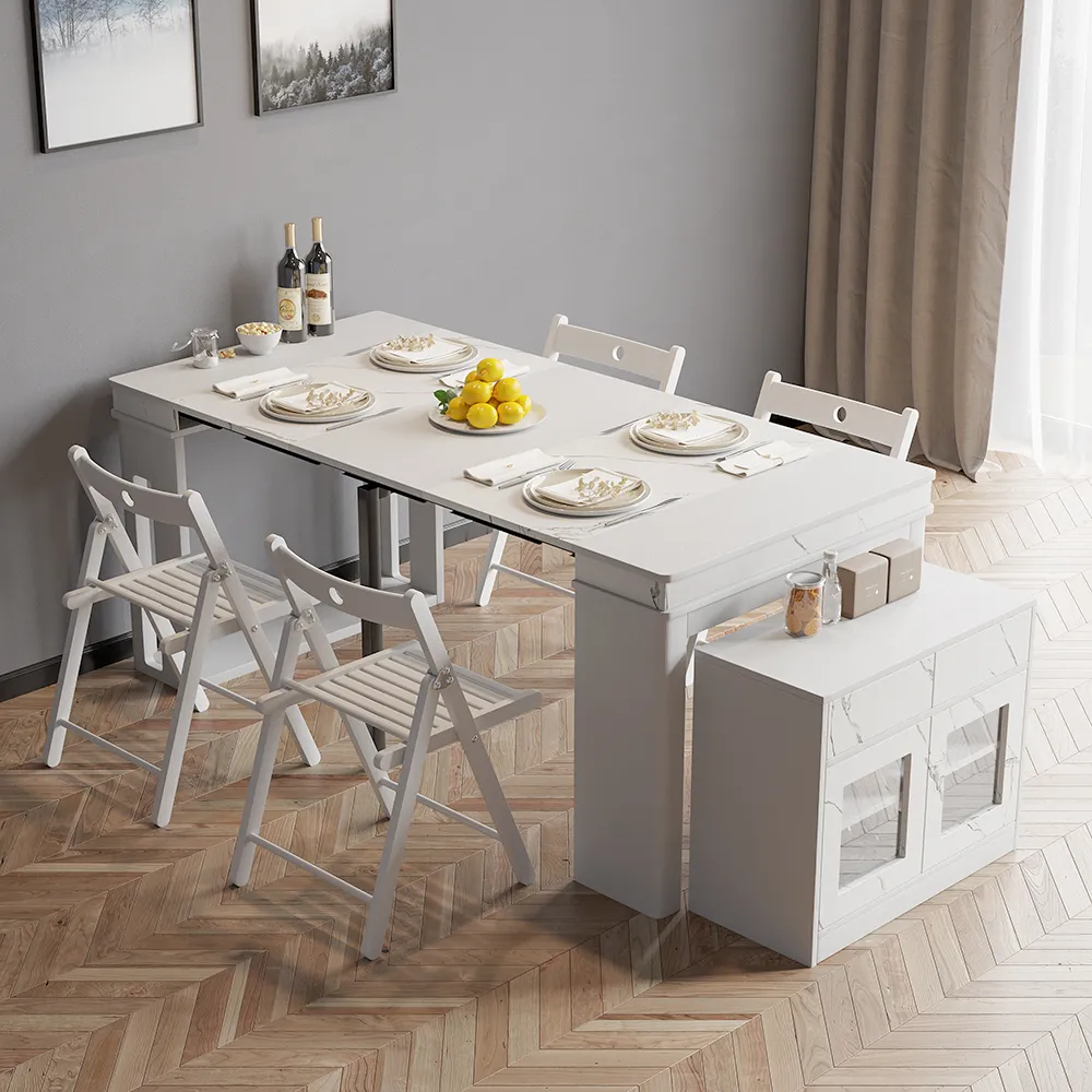 Rectangle Extendable Dining Table Set with Storage - White