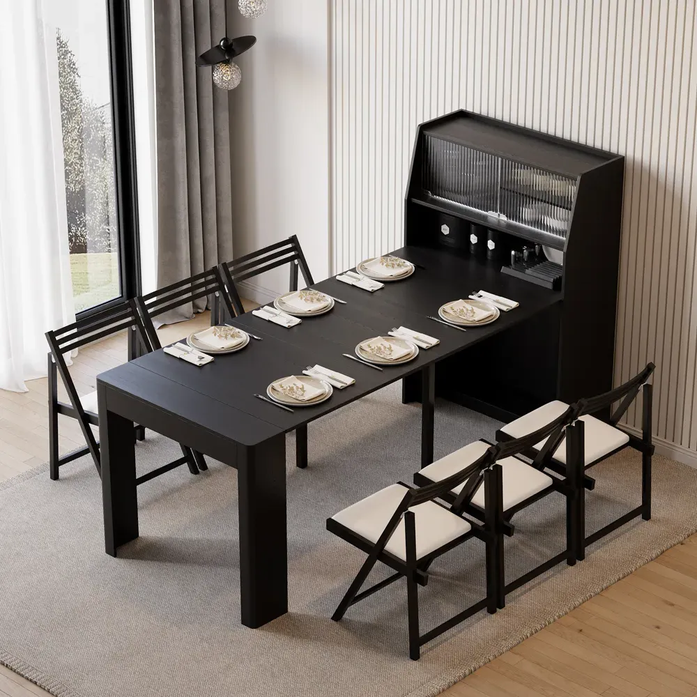Rectangle Extendable Dining Table with Storage - Black