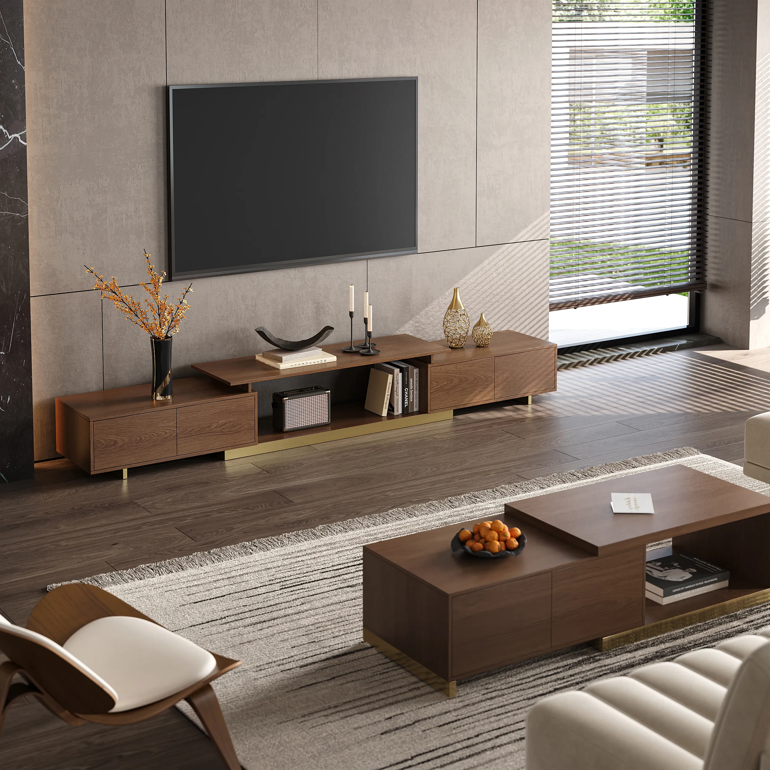 Rectangle Extendable TV Stand & Coffee Table Set - Walnut