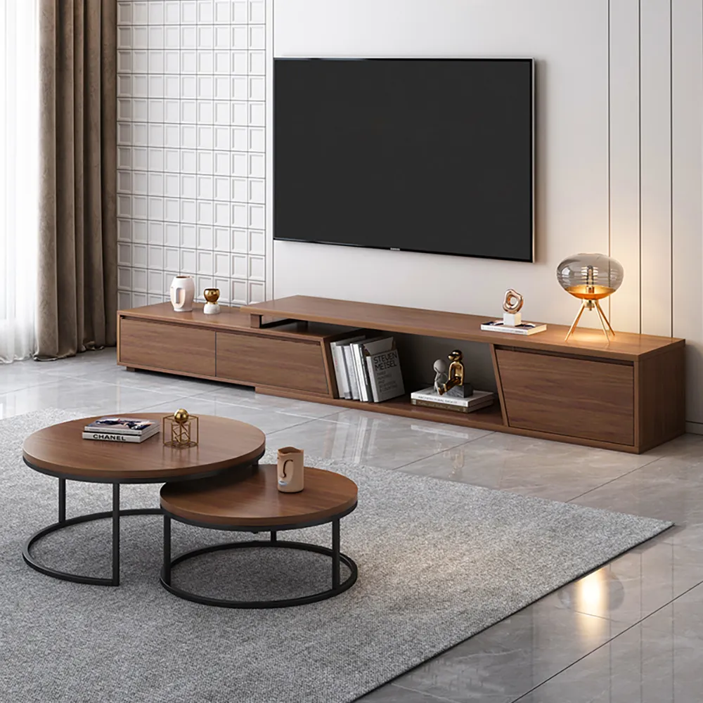 Rectangle Extendable TV Stand & Round Nesting Coffee Table Set - Walnut image