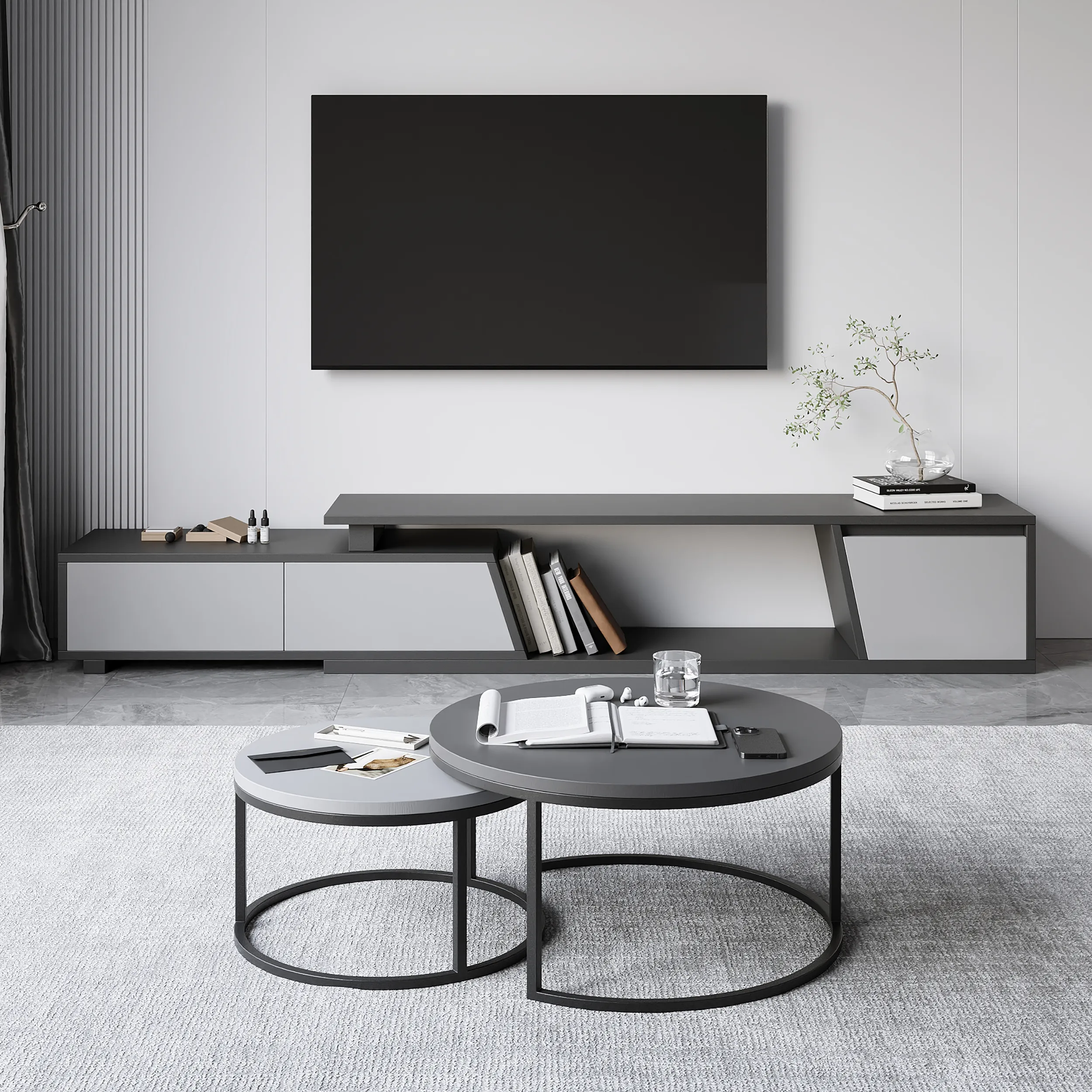 Rectangle Extendable TV Stand & Wood Round Nesting Coffee Table - Gray