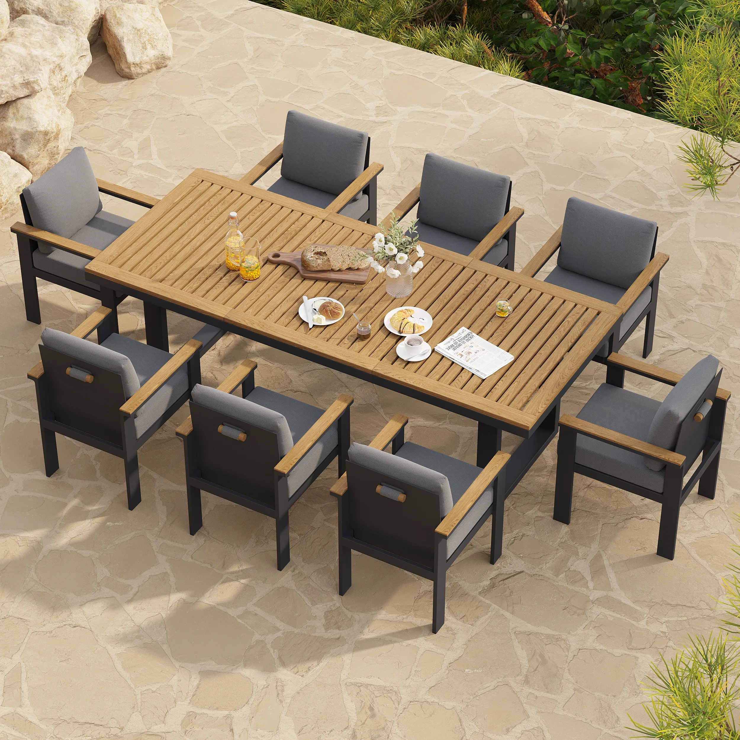 Rectangle Outdoor Dining Set with Umbrella Hole - Teak, Aluminum