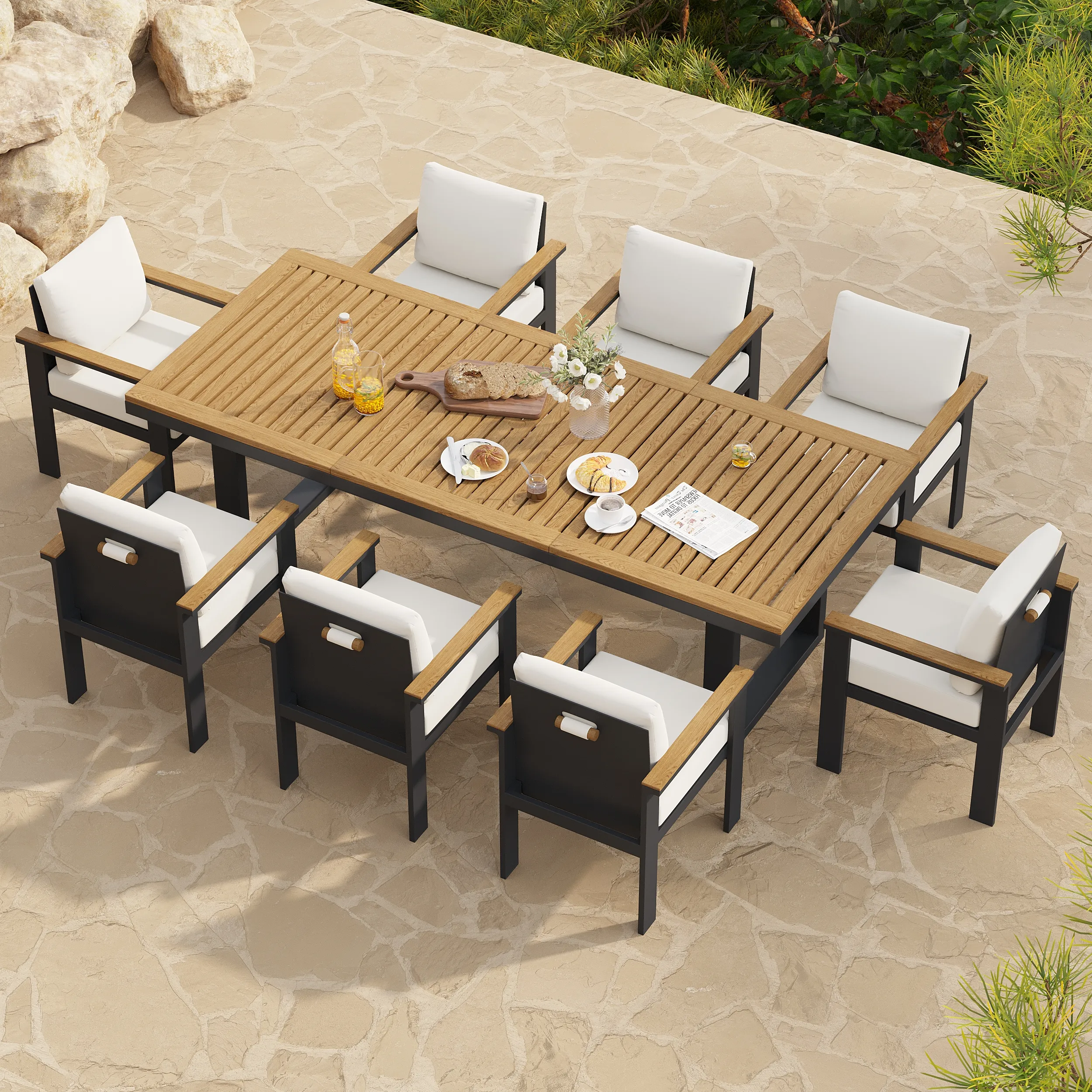 Rectangle Outdoor Dining Set with Umbrella Hole - Teak, Aluminum