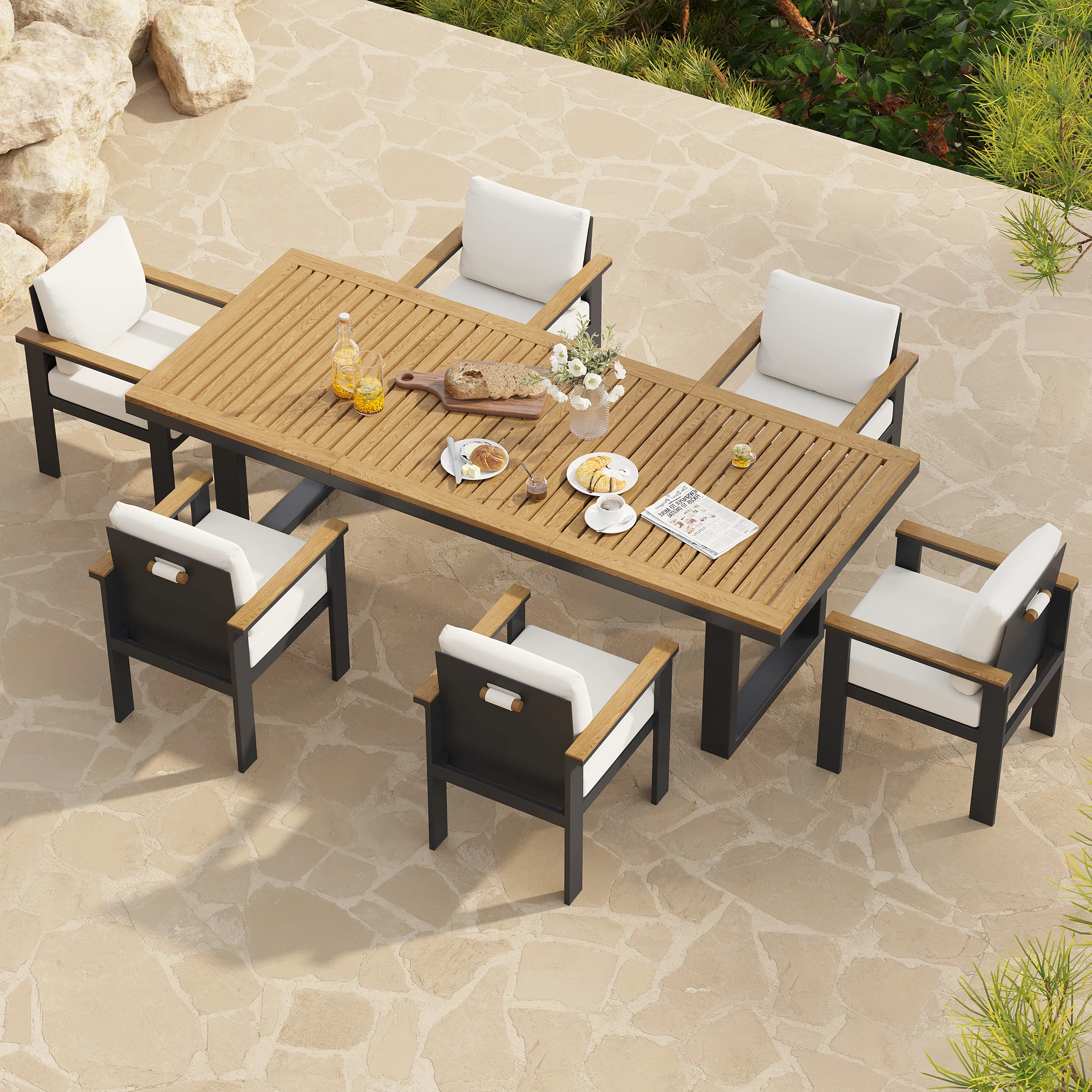 Rectangle Outdoor Dining Set with Umbrella Hole - Teak, Aluminum image