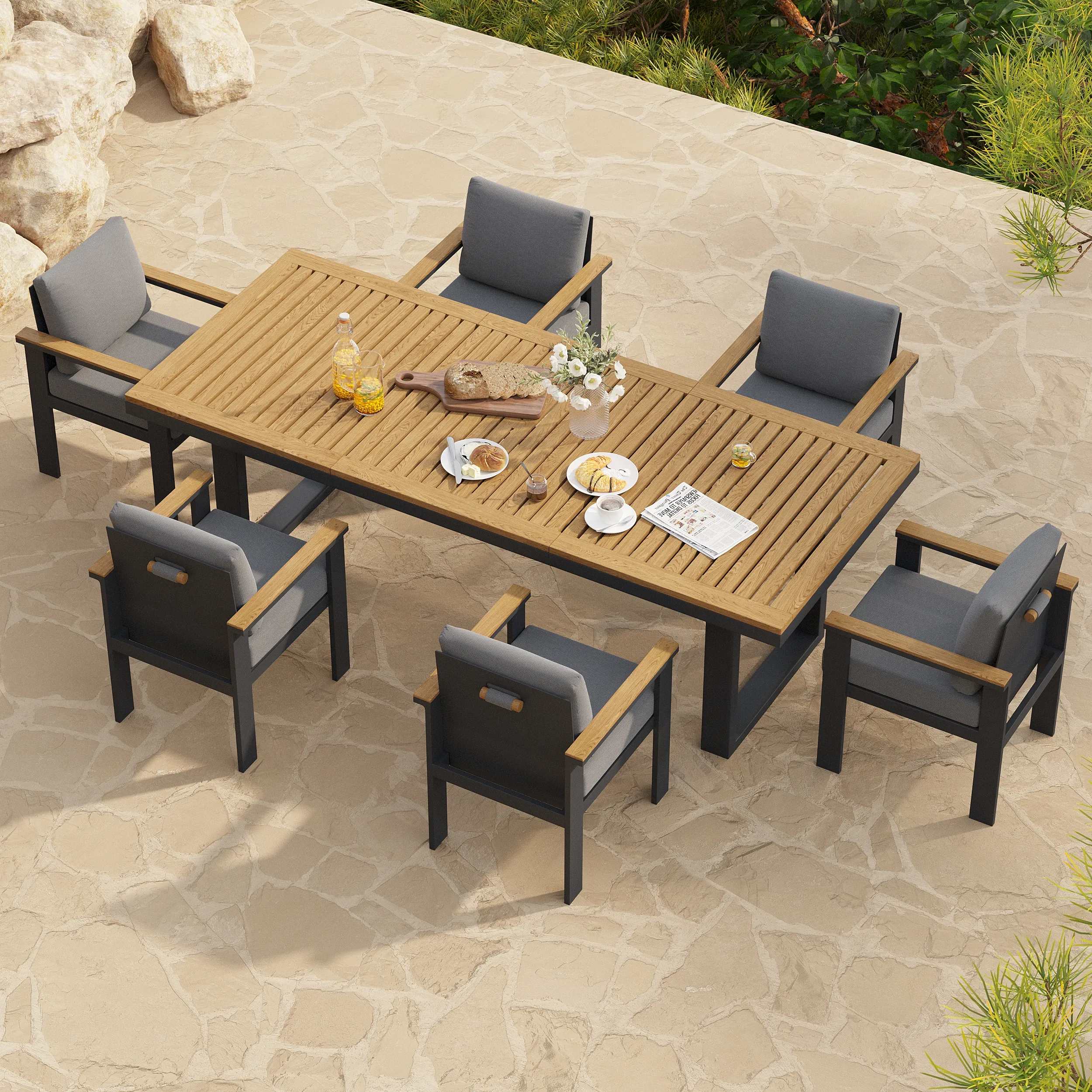 Rectangle Outdoor Dining Set with Umbrella Hole - Teak, Aluminum