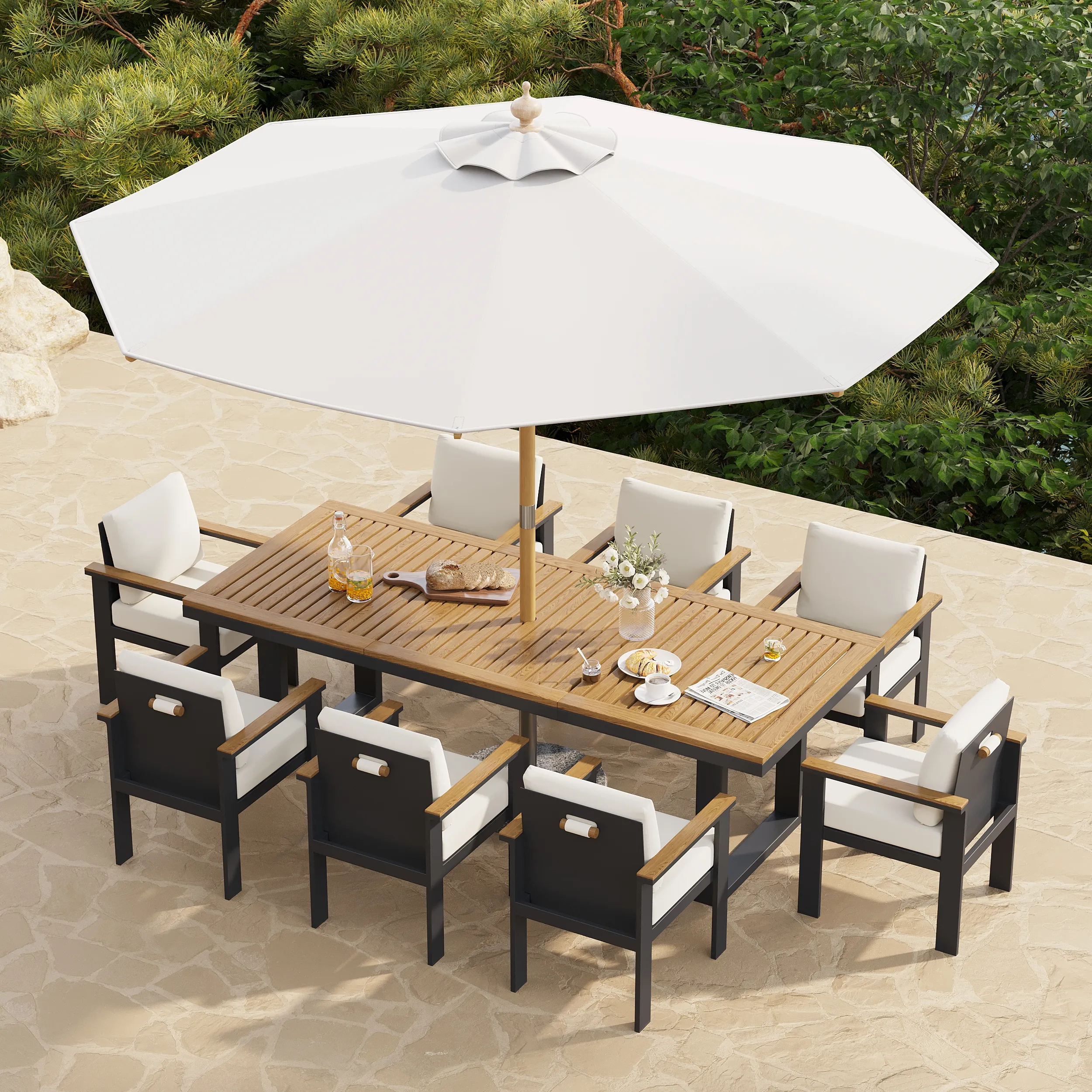 Rectangle Outdoor Dining Set with Umbrella - Teak, Aluminum
